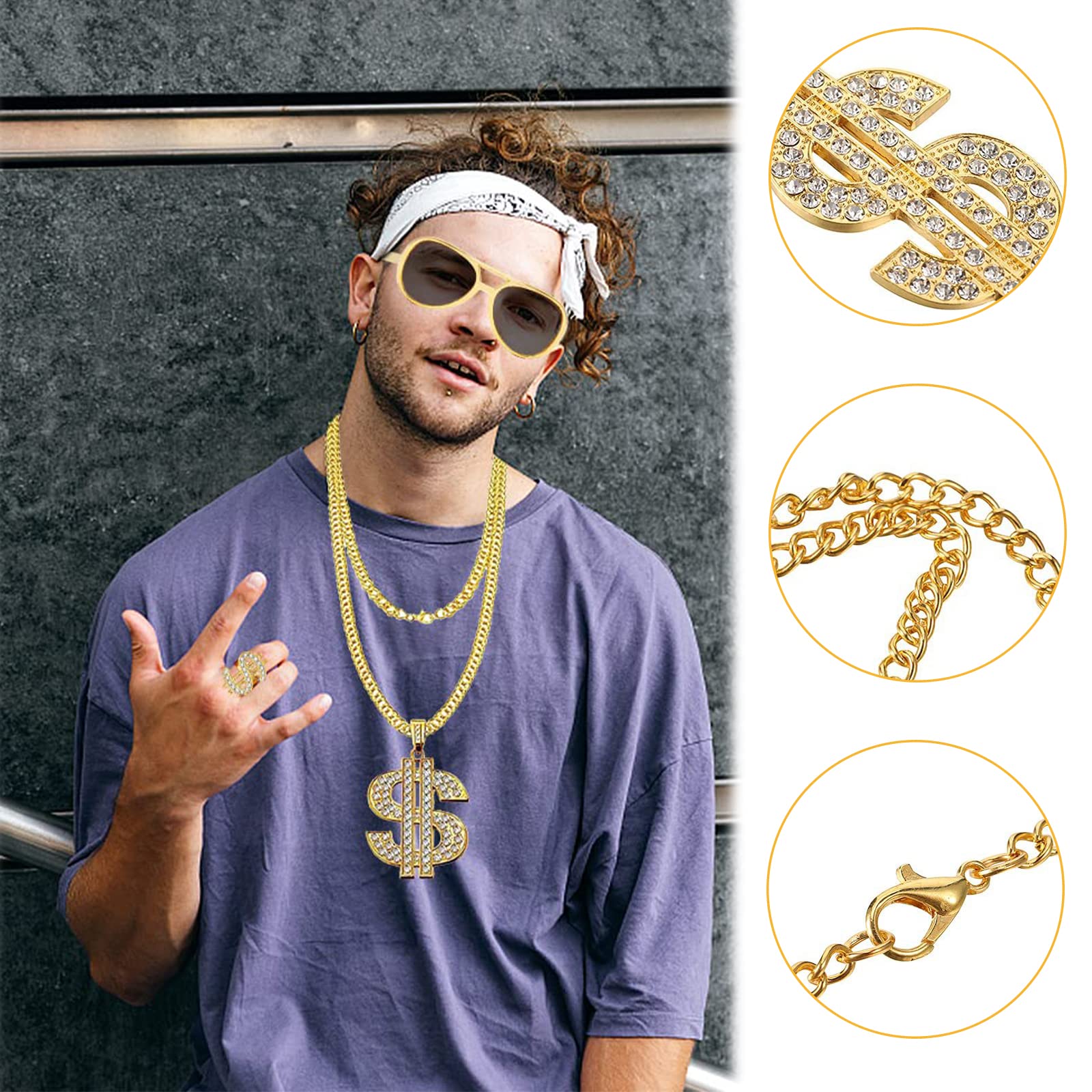 Chaîne Plaqué De Signe Dollar, Ensemble De 5 Pièces Kit De Chaîne De Dollar,Avec Bague Dollar, Collier Dollar, Convient à La Plupart Des Garçons Homme Idéal Pour Le Rappeurs,Hip Hop,Gangsters Cosplay