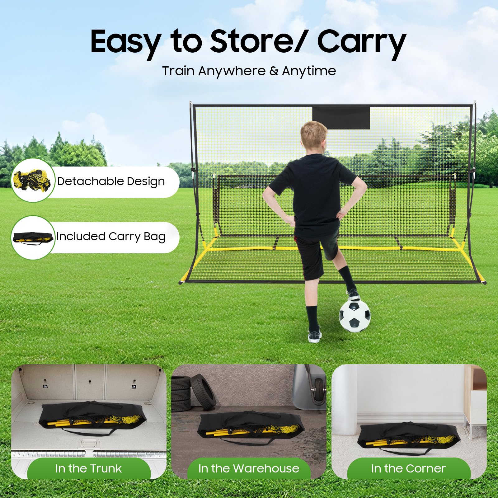 Rete di rimbalzo da calcio 2 in 1 con doppia rete (alta e bassa), stabile rete da allenamento, 210 x 120 x 85 cm, con borsa per il trasporto e picchetti a U, ideale per giochi di passaporto, calcio