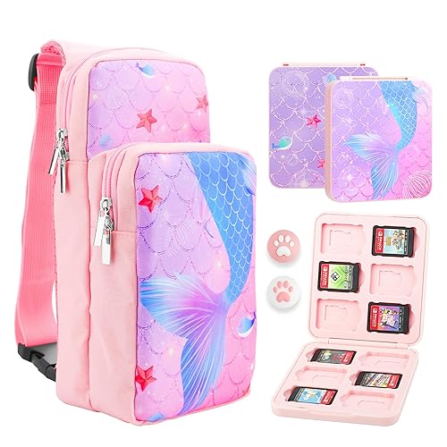 FUNDIARY Pink and Purple Carrying Travel Bag for Switch 2/Switch/OLED/Lite with Blue Fishtail Design, Portable Bundle Kit with Shoulder Bag Crossbody Backpack, Game Card Case and 2 Thumb Caps - Fishtail