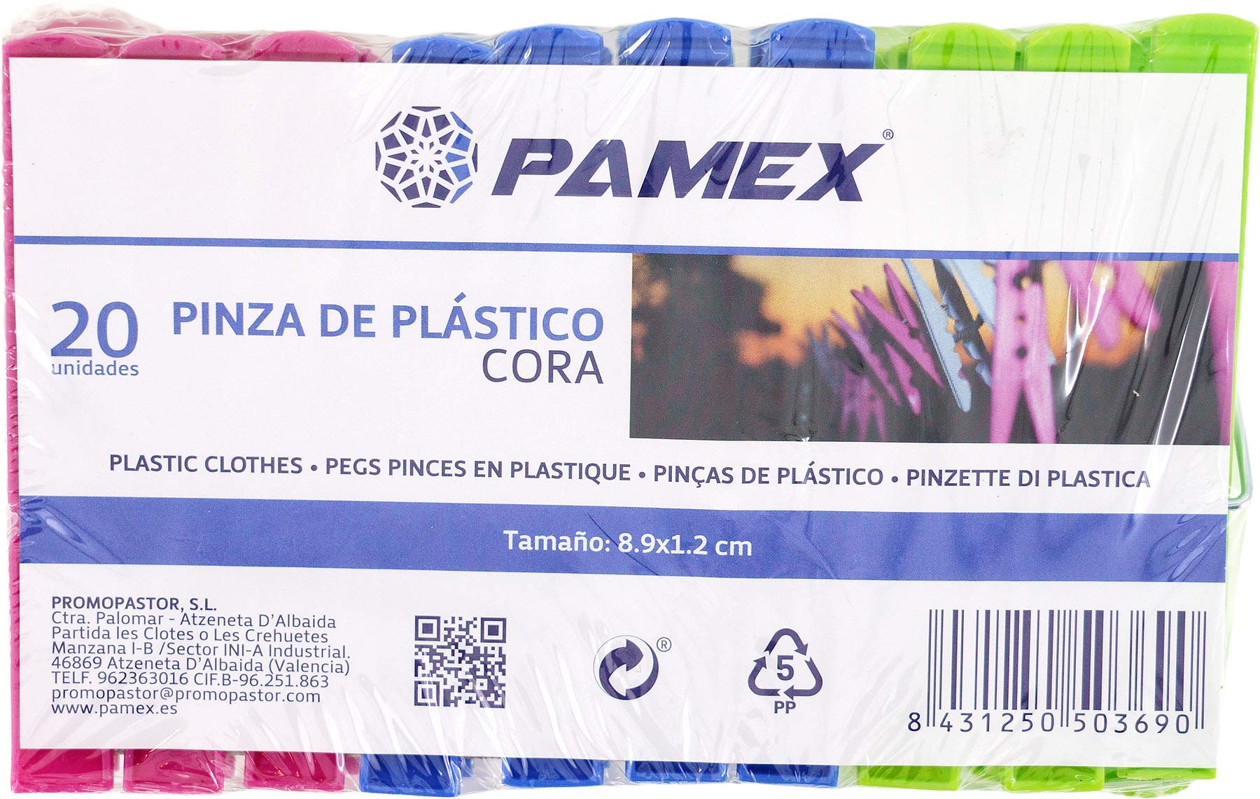 Pamex - Wäscheklammern aus Kunststoff, 20 Stück, 8,9 x 1,2 cm, Wäscheklammern aus Kunststoff, groß, robust