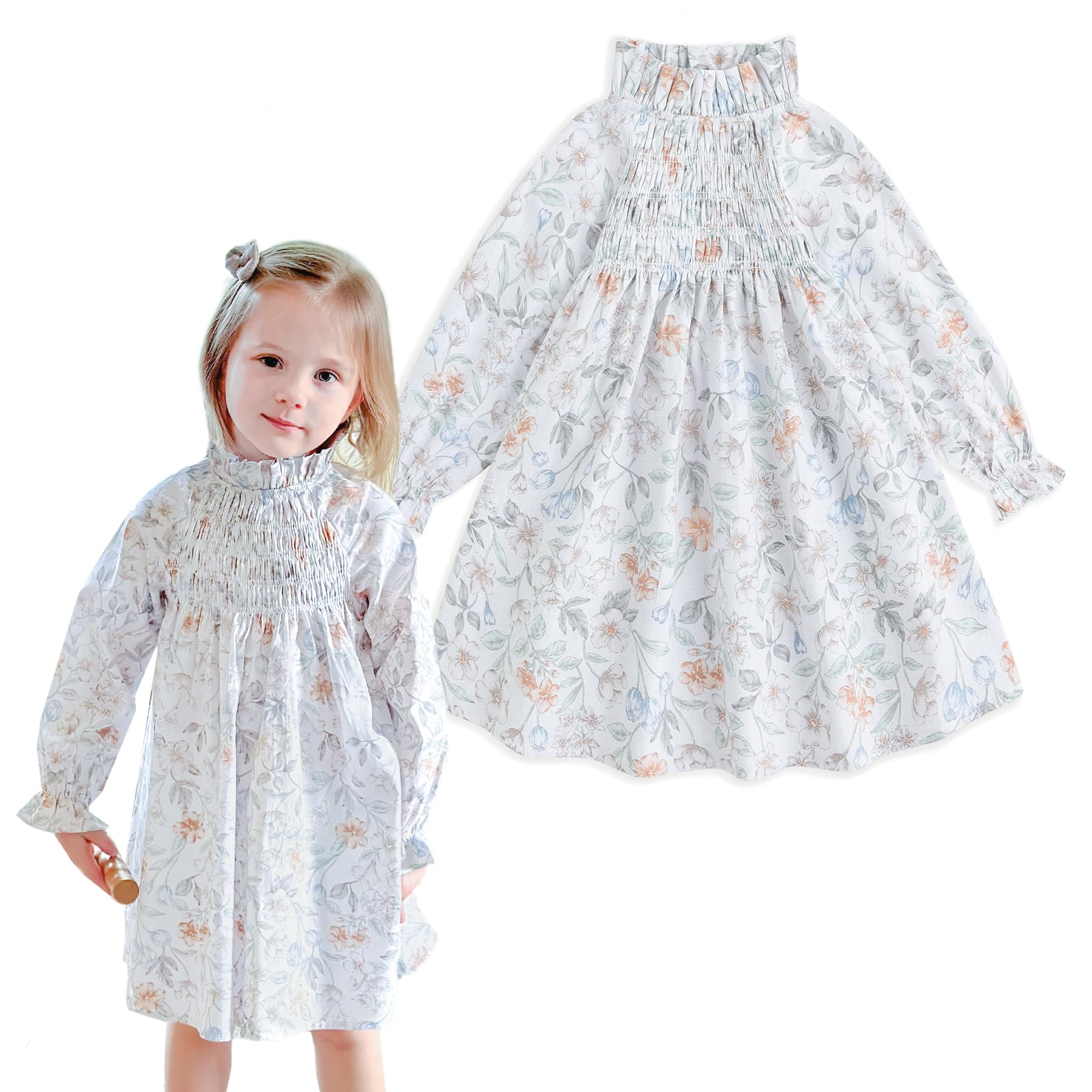 Simplee kids Baby Girl Smocked Dress Casual Long Sleeve Dresses Floral Print Sundress Princess Dress for Toddler