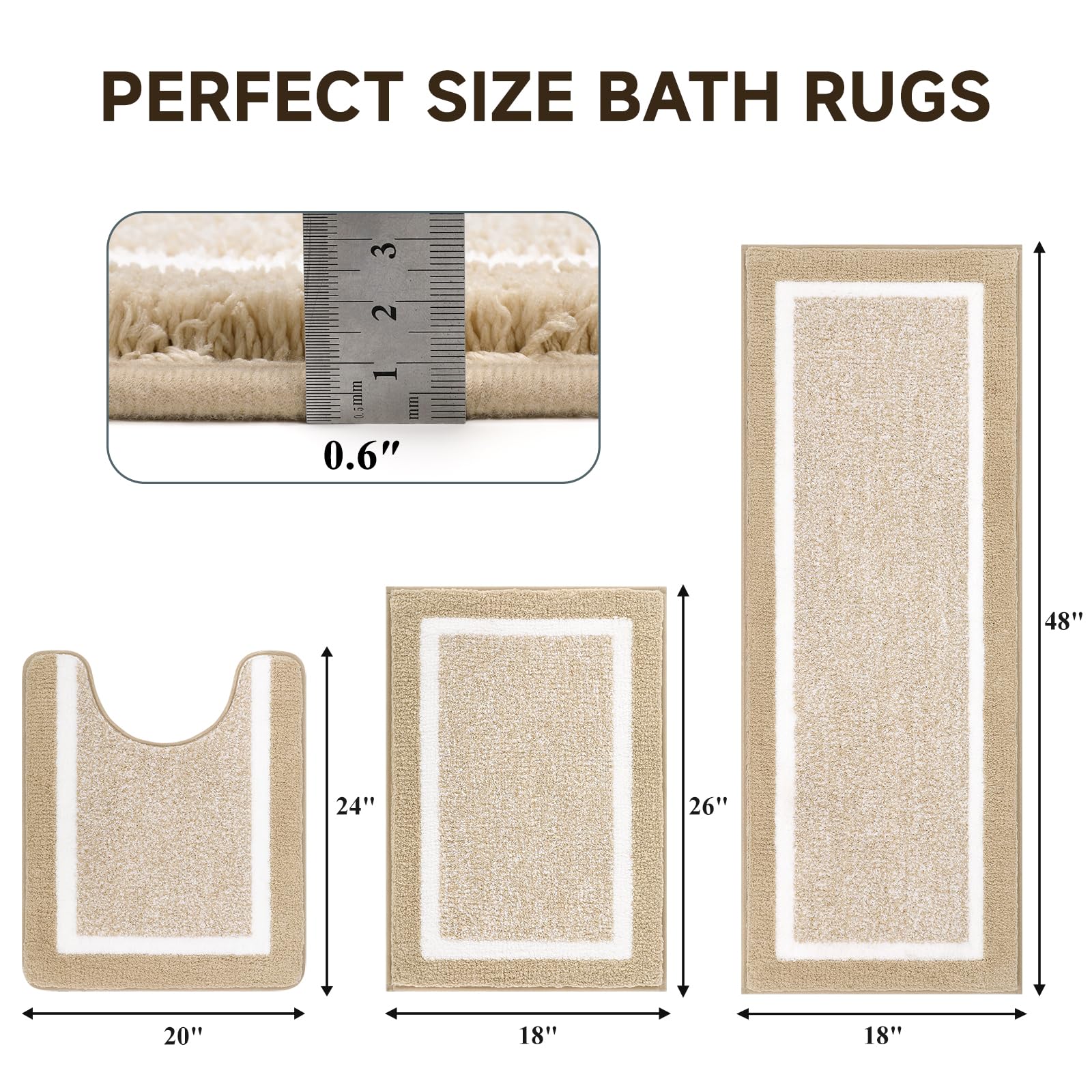 Pauwer Set di 3 tappeti da bagno in microfibra, ultra morbidi, antiscivolo, a forma di U, per bagno, vasca, doccia, lavabili, beige