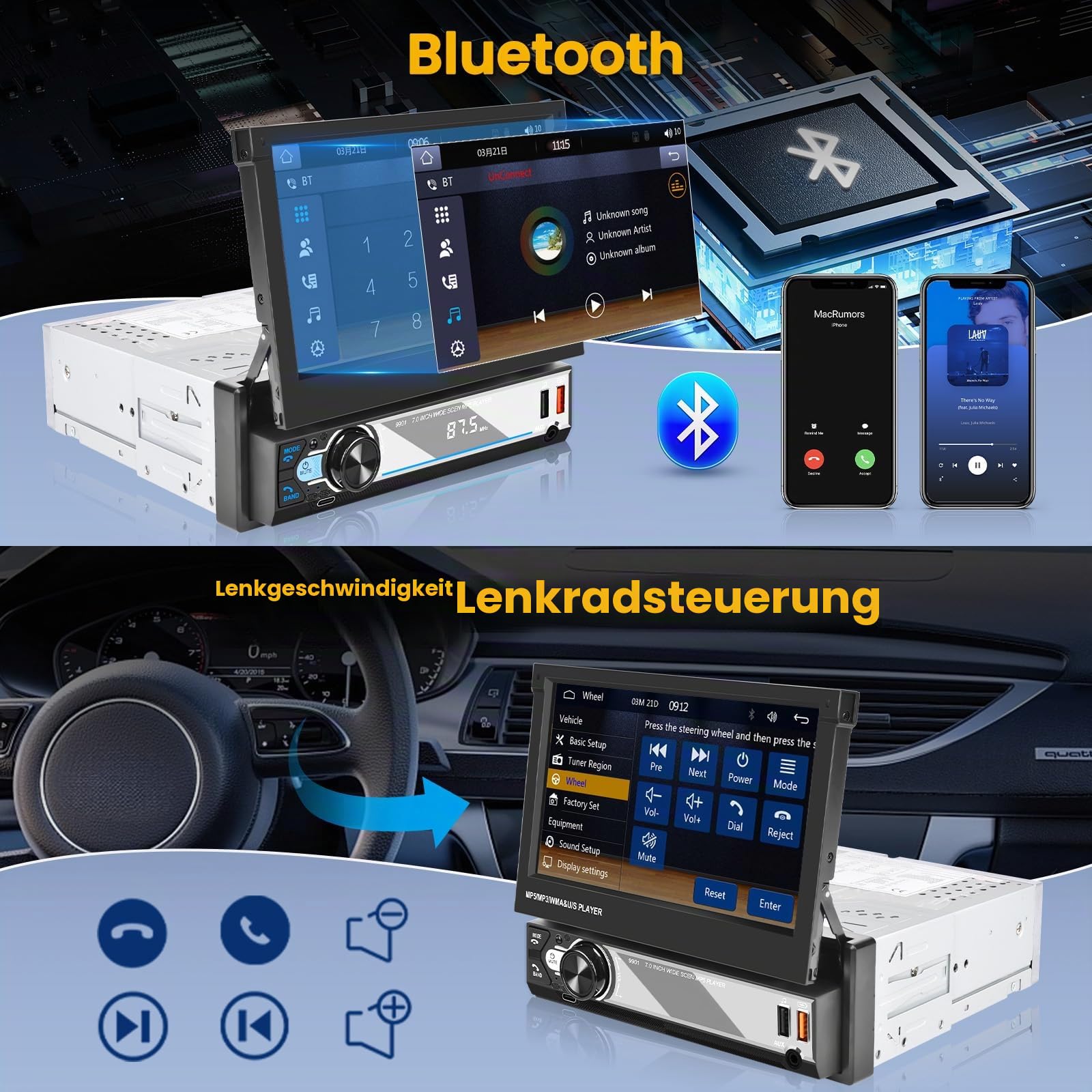 Hikity 1 Din Autoradio Wireless Carplay Andriod Auto 7 Zoll Manuelle Ausfahrbarem Bildchirm Auto Radio Touch Display Bluetooth Android Auto Mirror Link FM Radio USB SWC AUX Type-C Mic Rückfahrkamera