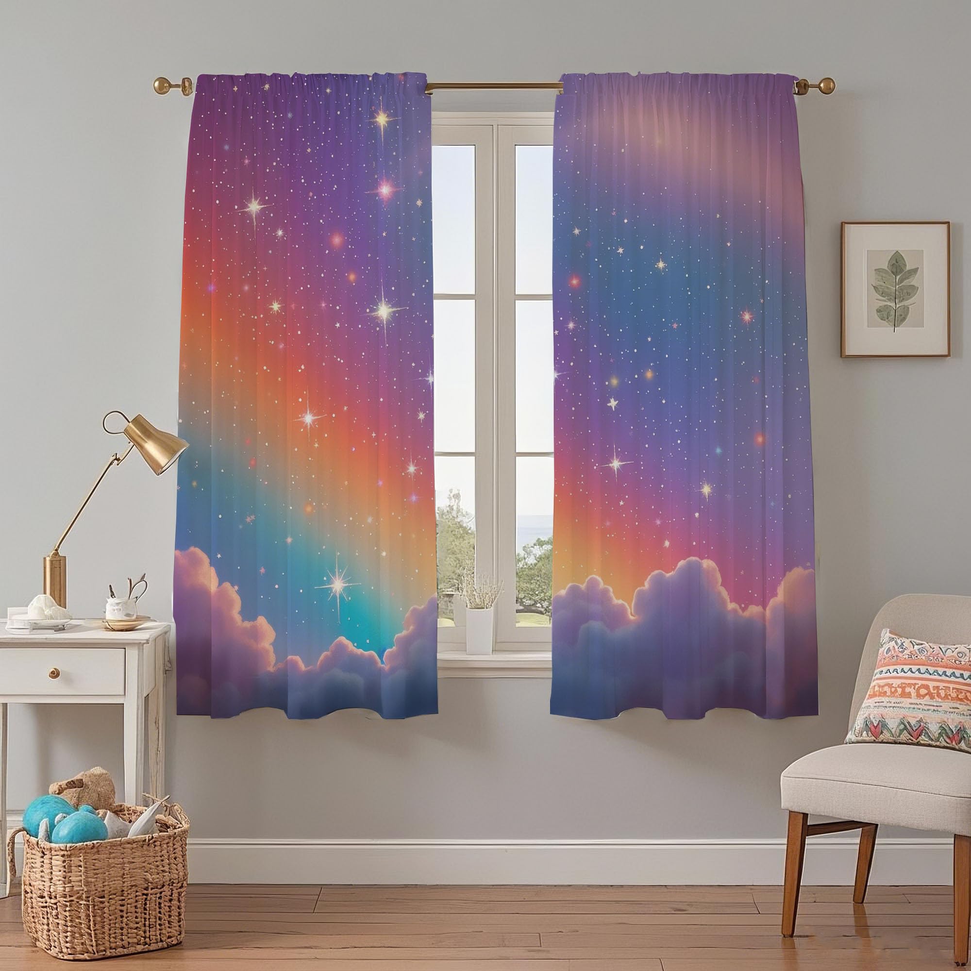 Opeoddie Colorful Pastel Rainbow Curtains Star Galaxy Clouds Kids Window Curtains for Girls Bedroom Girly Princess Small Curtains 2 Panels 29x63 Inch Window Treatment Drapes Living Room