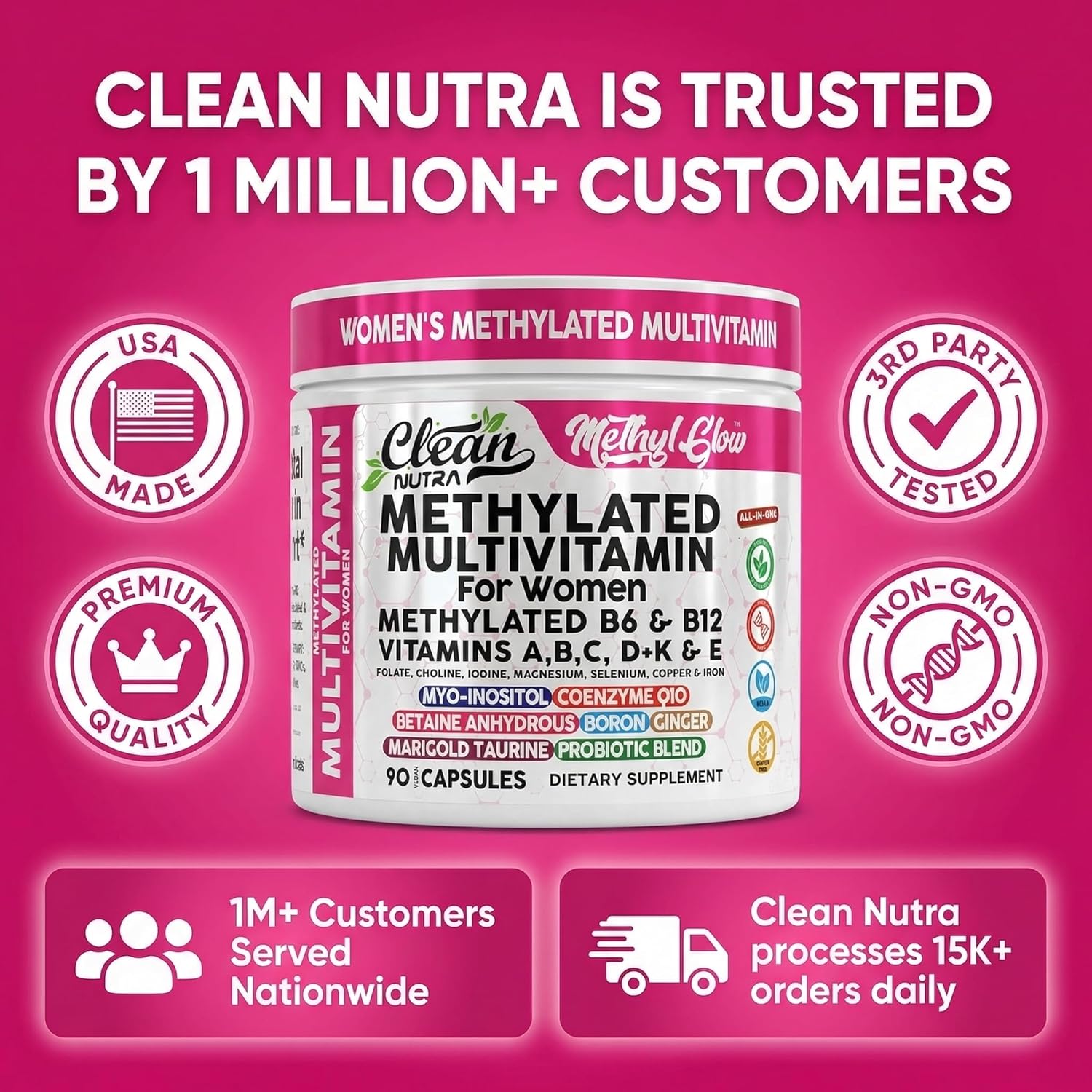 Methylated Multivitamin for Women Vitamins B6 Methyl B12 A B C D K E Folate Choline Omega 3 Thiamine Riboflavin Iron Iodine Magnesium Zinc Selenium Copper Calcium 90 Capsules by Clean Nutra