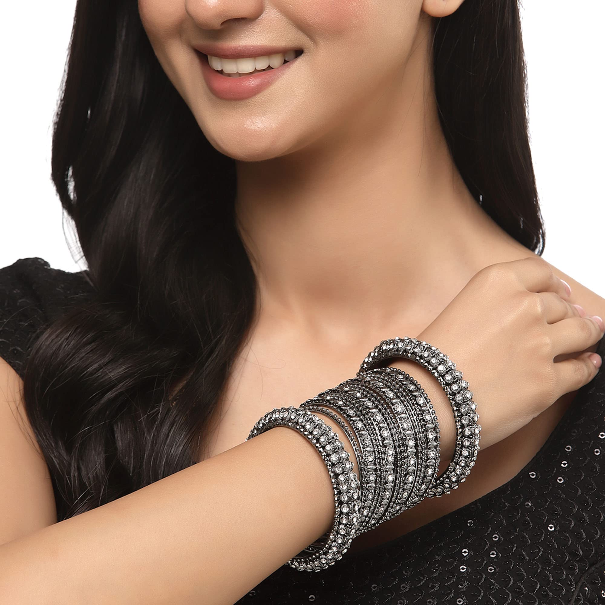 Oxidised Silver-Plated Bangles Set with Artificial Stones (Set of 14)