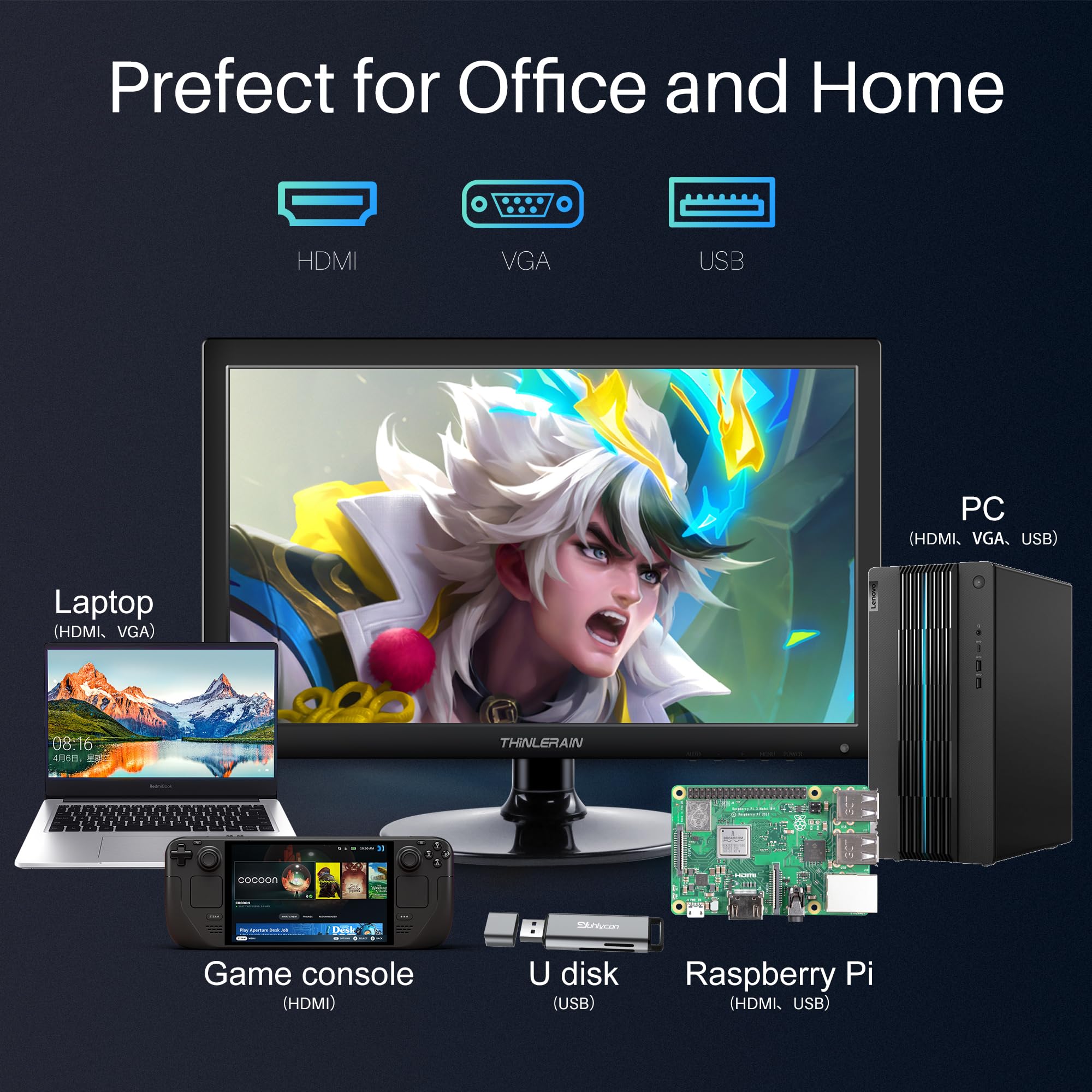 Thinlerain PC Monitor 15,4 Zoll 1400×900 HD 16:10 LED Bildschirm Small Monitor für Computer PC
