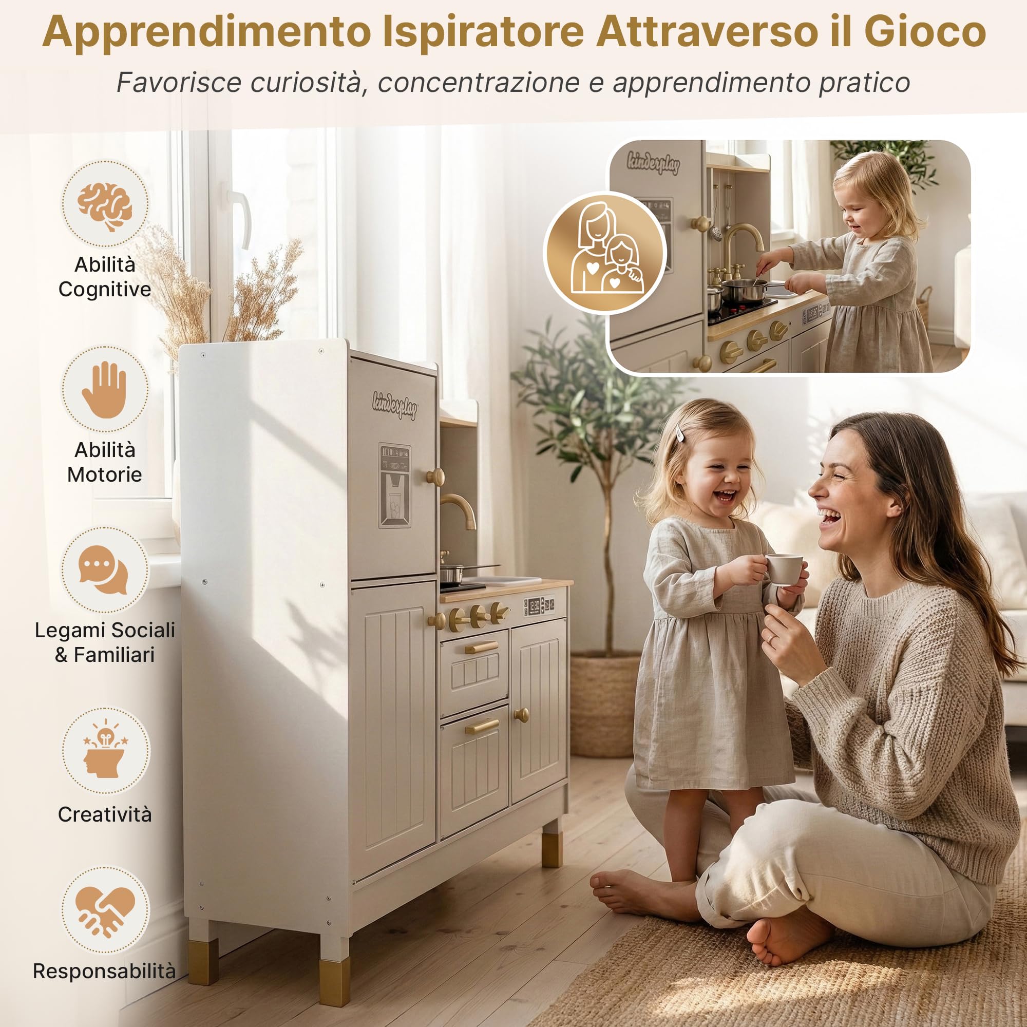 Kinderplay Grande Cucina per bambini in legno con luce e suono, con accessori, lavello, fornello e forno, per giochi di ruolo realistici