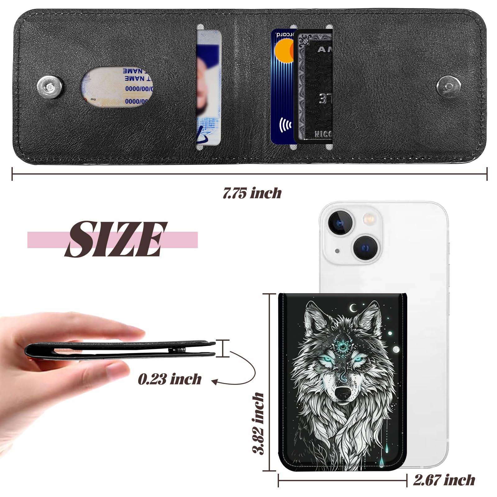 BWEGRHE Adhesive Phone Sleeve, Wallet Stick On Phone PU Leather Credit ID Card Holder RFID Blocking Universally Pocket Cover, Little Wallet Design for Most Smartphones, Wolf