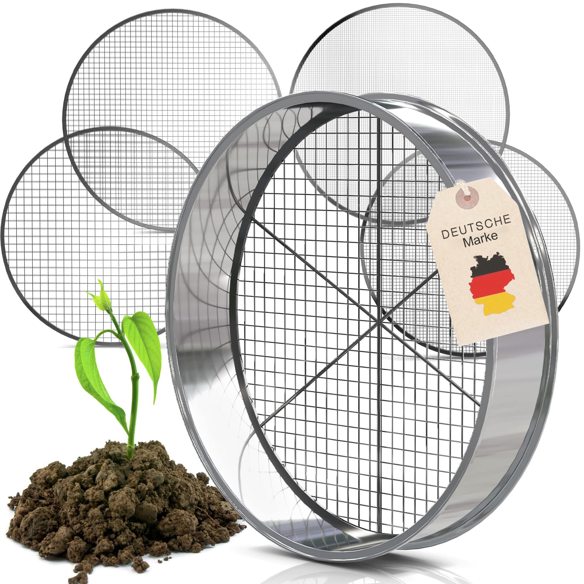 Tool Jungle- Gartensieb aus Edelstahl - inkl. 5 Siebeinsätze Ø 3,5,8,9,12mm – Kompostsieb Witterungsbeständig – mit zusätzlicher Querstrebe für mehr Halt