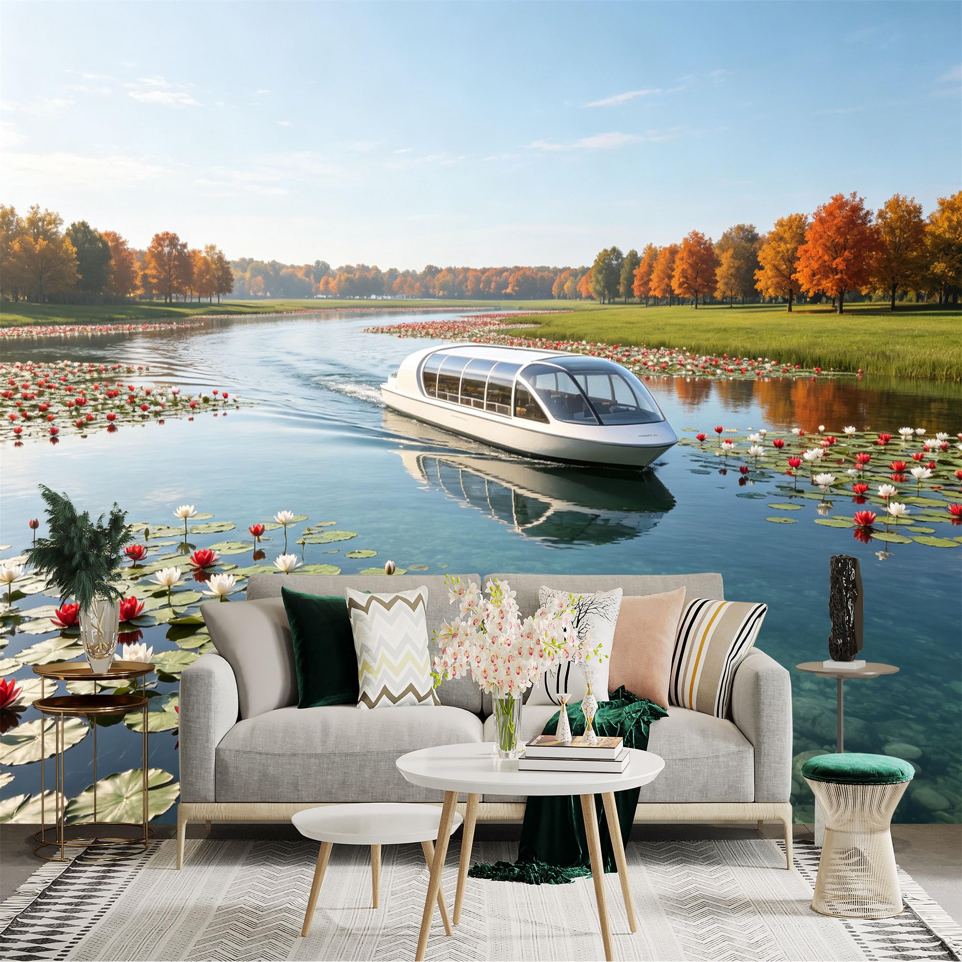 Custom Size Wall Sticker Mural， Modern Cruise Boat on Calm Lake， Vibrant Water Lilies， Autumn Trees Landscape， for wall Decoration， peelandstick wall Decals.