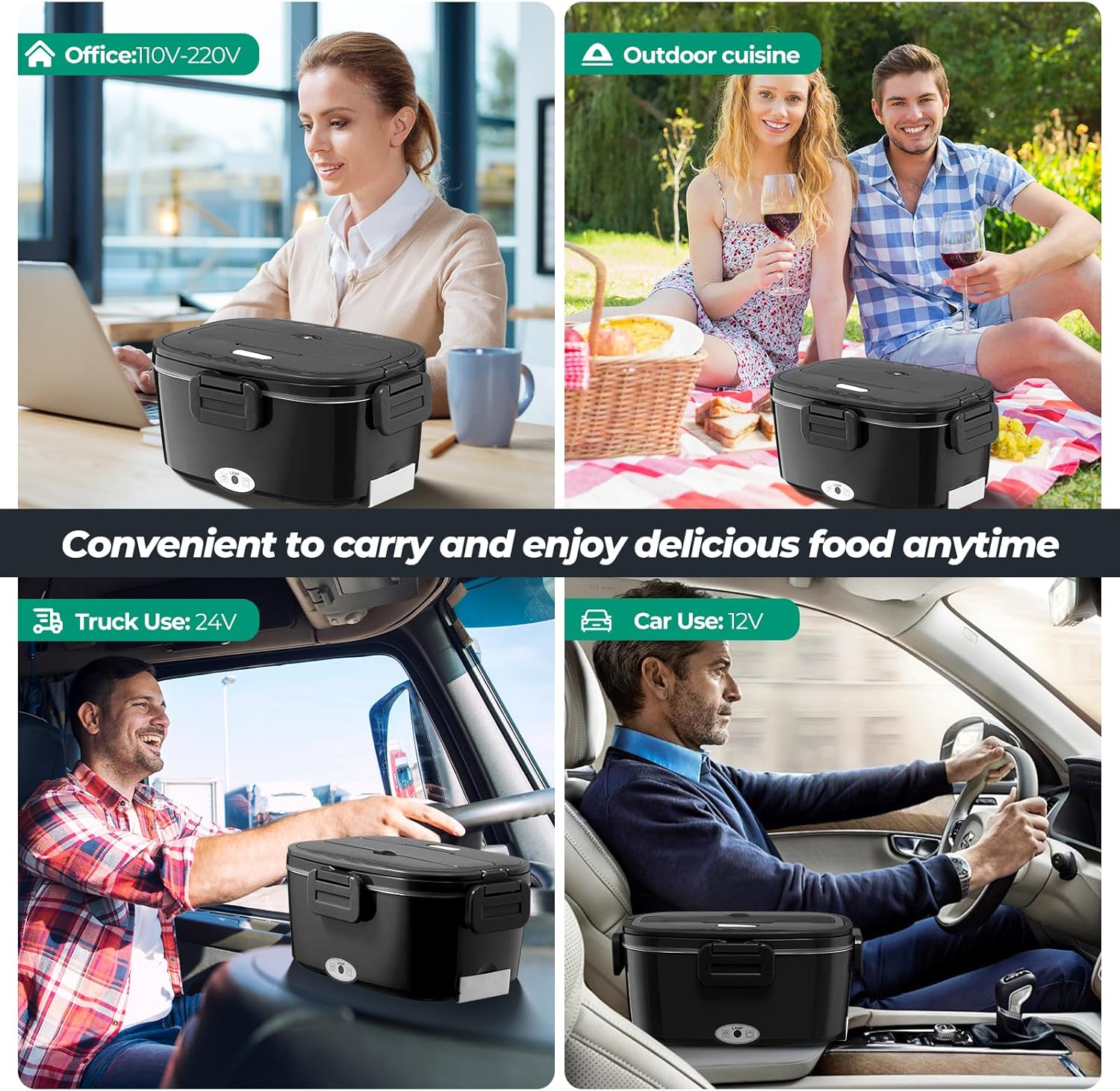 Electric Lunch Box for Adults 100W Fast Heated Lunch Box for Men Women with Dual 1.5L Stainless Steel Containers Fast Heating Portable Food Warmer 12V/24V/110V Lunch box, Home/Office/Truck