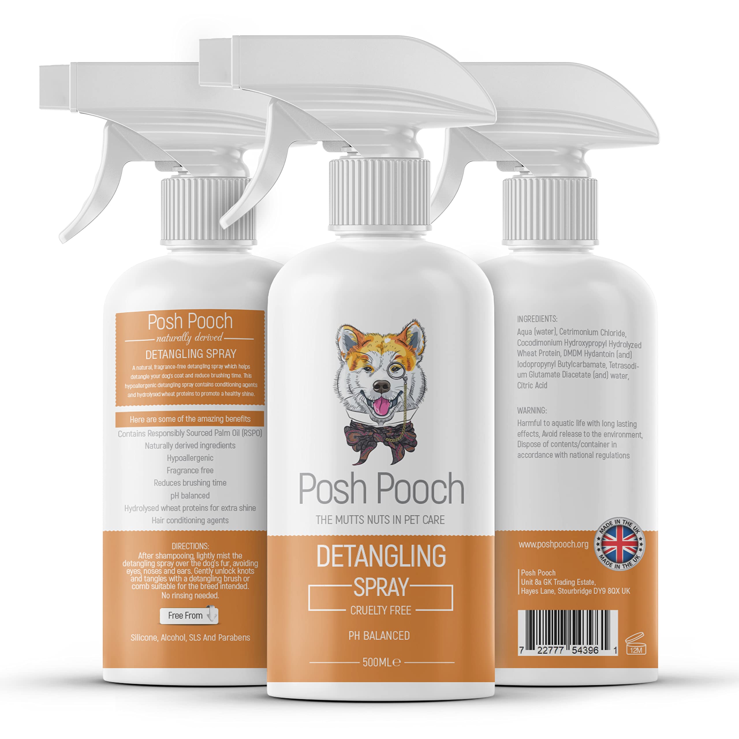 Detangling Spray For Dogs Posh Pooch® 2 in 1 Knot Tangle Remover & Conditioner Spray for Dogs Fragrance Free Dematting Hypoallergenic Natural Derived 500ml No-Rinse Formula Reduces Brushing Time