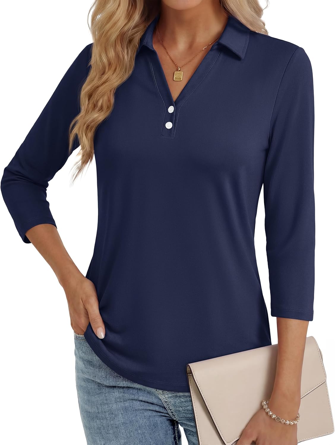 MAGCOMSEN Women's 3/4 Long Sleeve Polo Shirts Collared V Neck Golf Shirts UPF 50+ Quick Dry Casual Work Tops