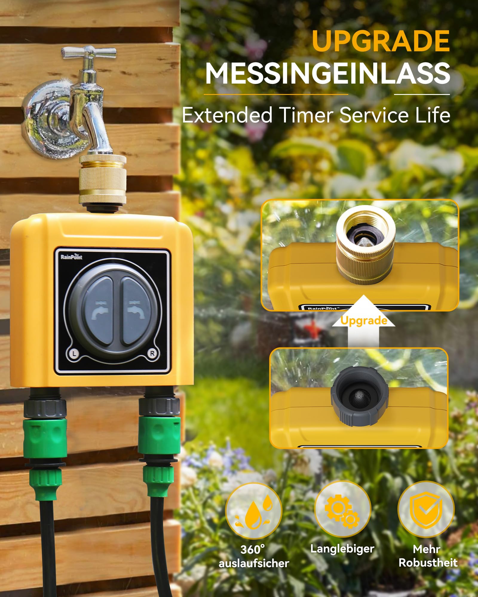 RAINPOINT Timer Irrigazione WiFi 2 Vie, Ingresso in Ottone, Smart Centralina Irrigazione con Controllo App/Vocale, Irrigazione Basata Sull'umidità del Terreno/Meteo, per Prato/Giardino/Serra
