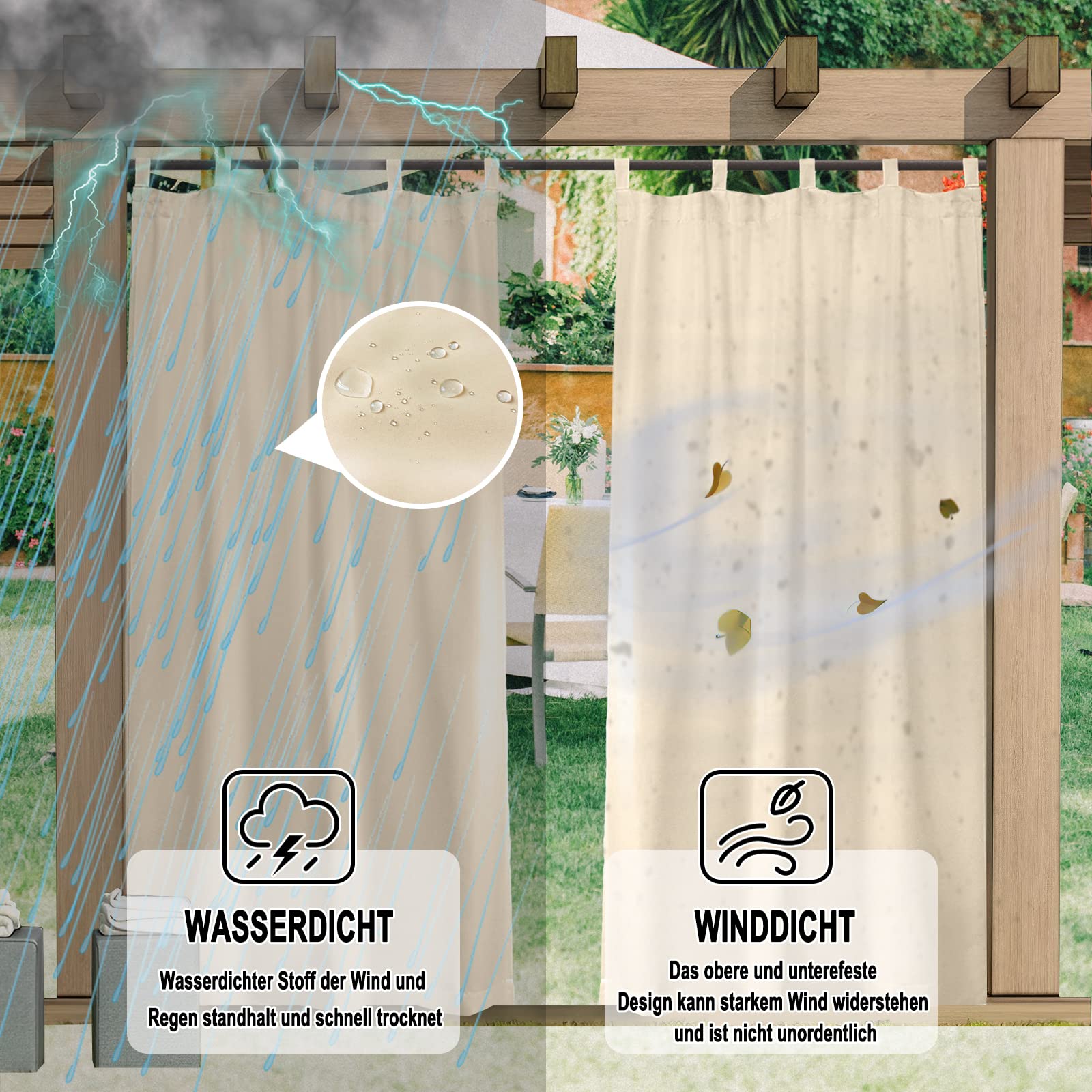 Outdoor Vorhänge, 1 Stück Outdoor Vorhang mit Abnehmbaren Schlaufen Einfachen Aufhängen Und Abwickeln, 24 Farben Outdoor Vorhang Wasserdicht Wetterfest Blickdicht für Veranda, Pergola, B177xH213CM