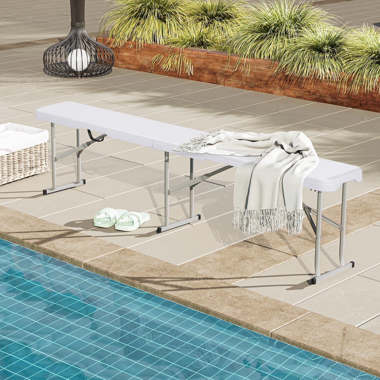 GOPLUS Banc Pliant Jardin en HEPE 182 cm, Banc d'Intérieur et d'Extérieur, Poignée de Transport, Etanche, pour Pique-Nique, Camping, Barbecues,182 x 27,5 x 43 cm,Charge 300KG