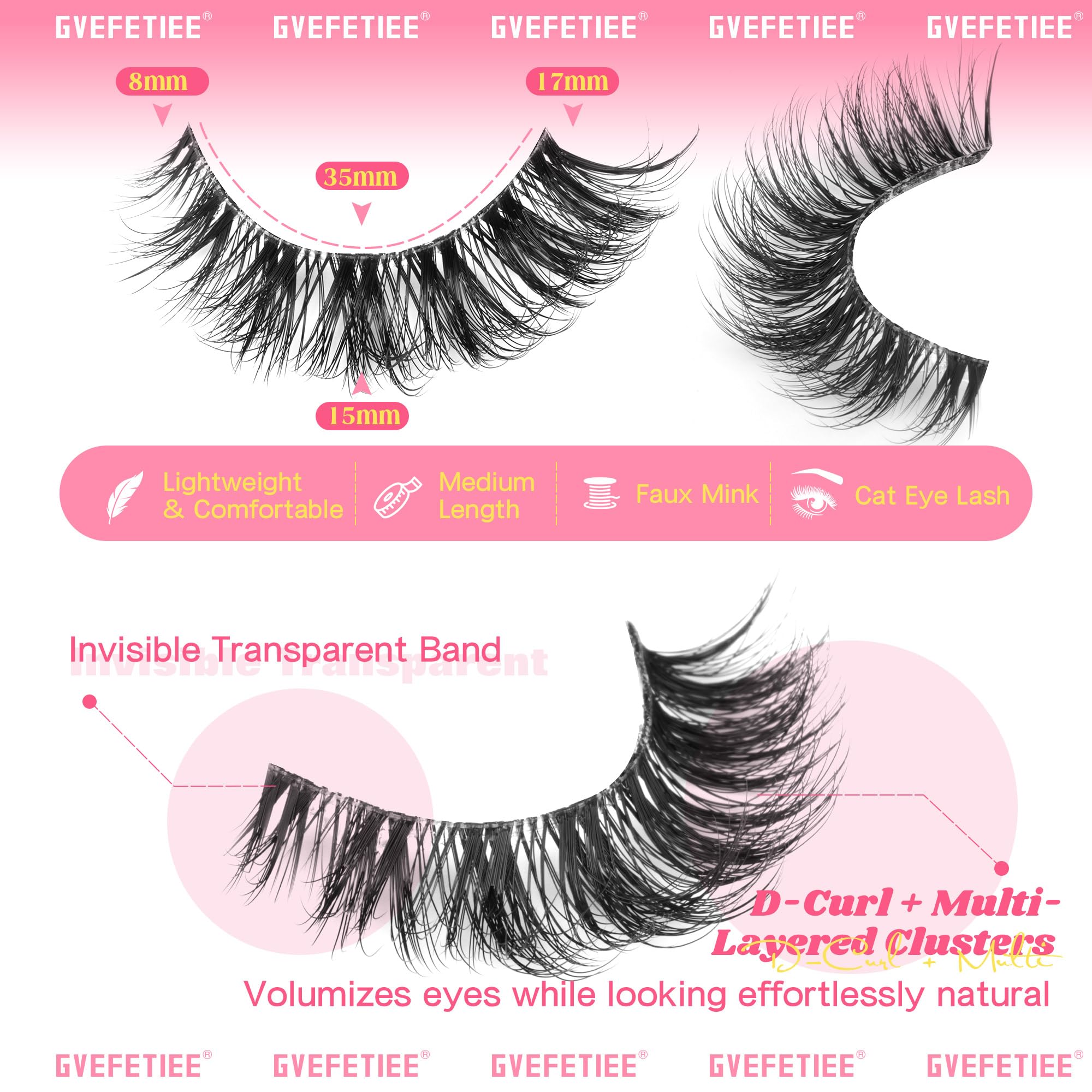 False Eyelashes Fluffy Faux Mink Lashes Wispy Fairy Cat Eye Lashes Spiky Strip Lashes Extension Natural Volume Fake Lashes Pack by GVEFETIEE 8 Pairs Black