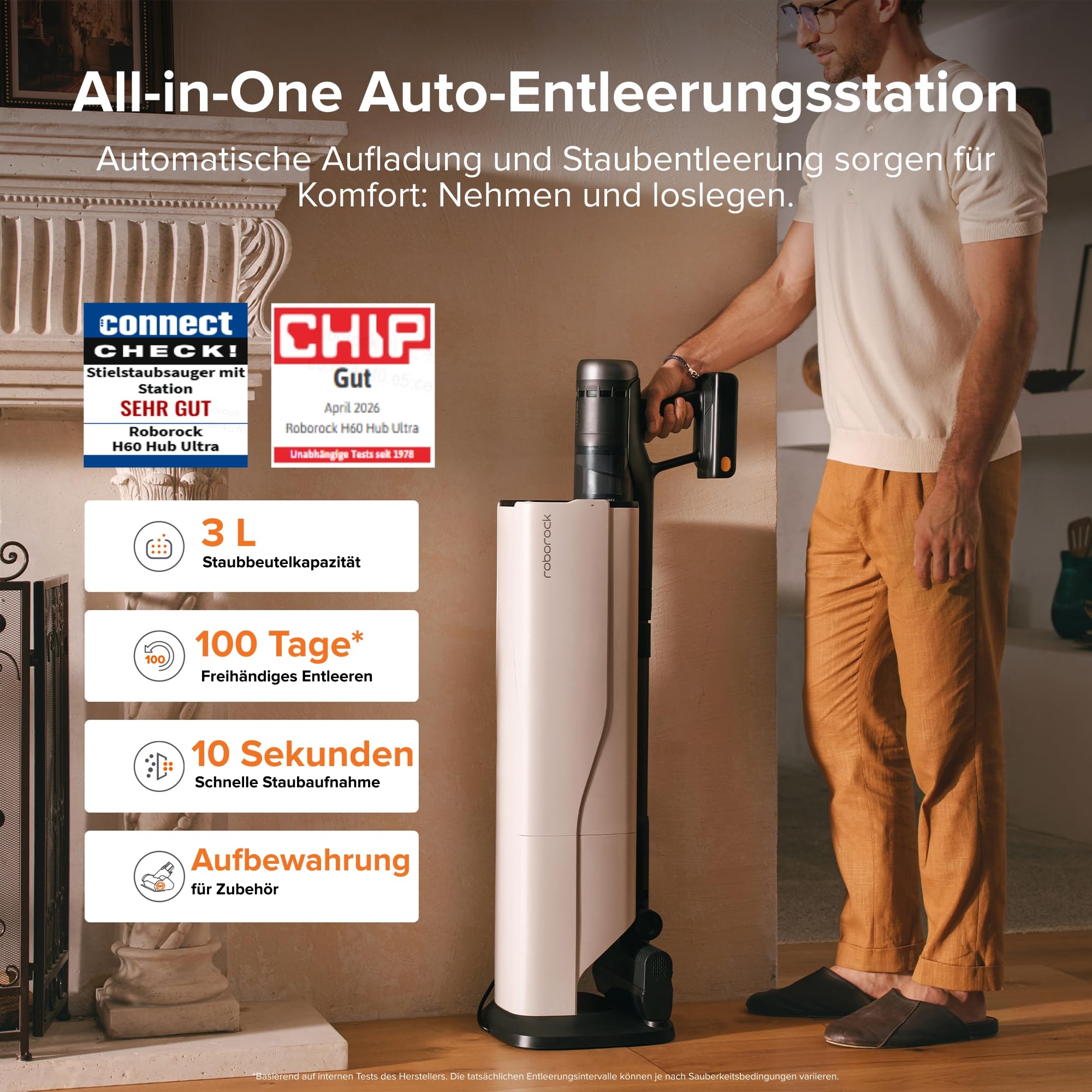 roborock H60 Hub Ultra Akku Staubsauger mit Absaugstation, 210AW kraftvolle Saugleistung, 90 Min. maximale Laufzeit, Staubsauger kabellos, Anti-Tangle Bürste für Teppiche, Hartböden, Tierhaare, Auto