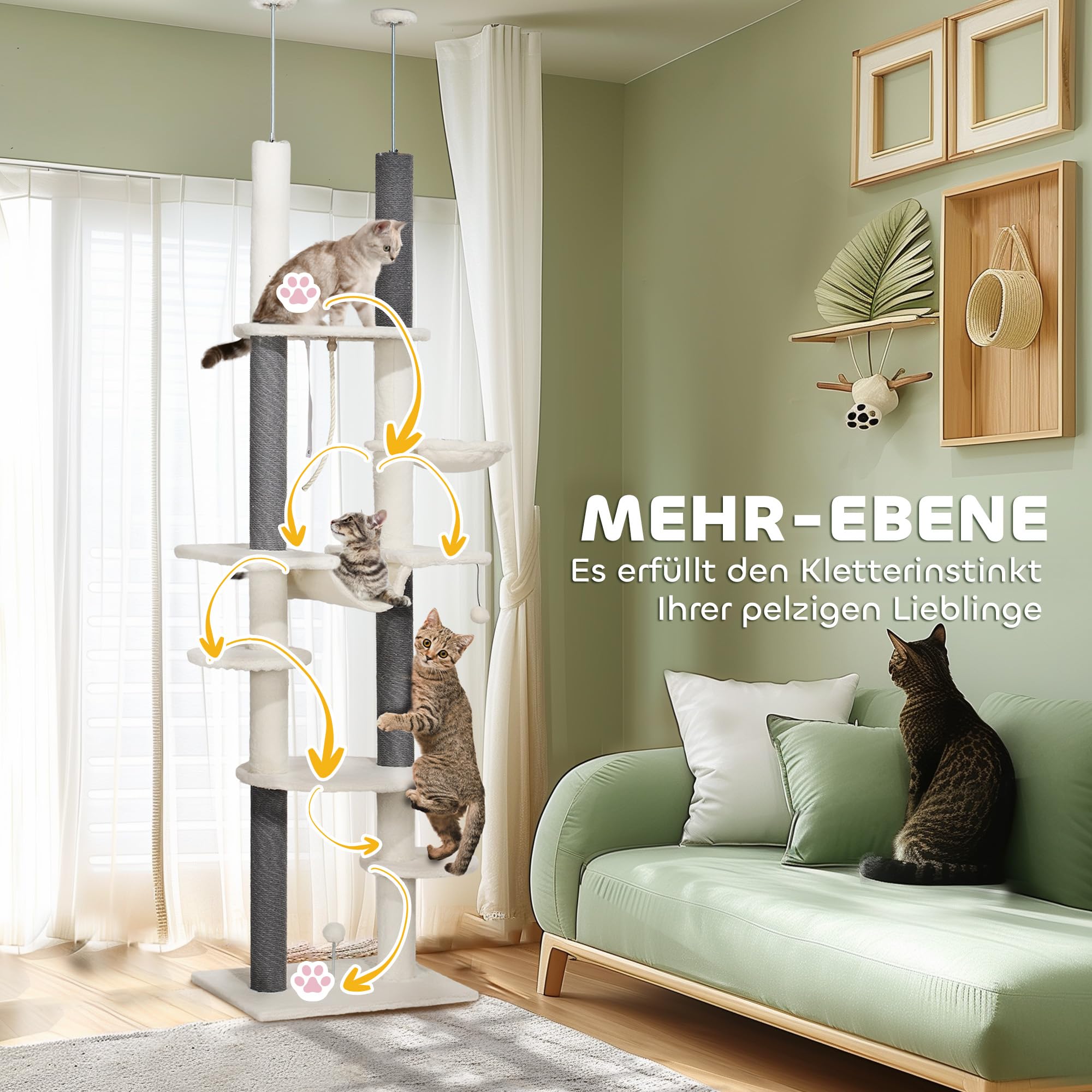 PawHut Kratzbaum Deckenhoch 225-255 cm Höhenverstellbar Katzenturm Weiß | 7 Ebenen, Korb Plattformen, Hängematte, 3 Kratzsäulen, Spielball, Katzenkratzbaum für Mittelgroße Katzen
