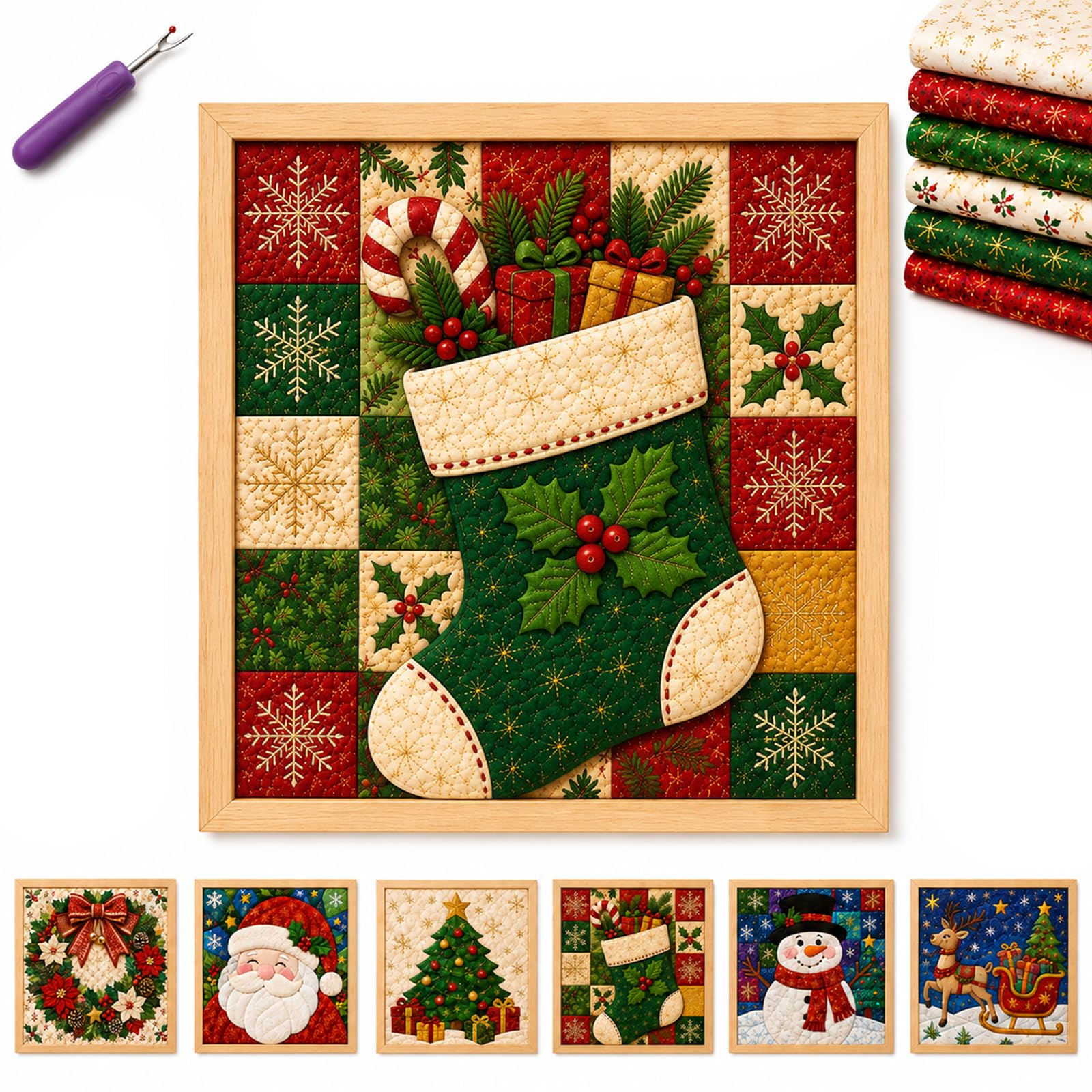 No-Sew DIY Kinusaiga Fabric Art Kit, with Frame & Tools, B04, Christmas Collection