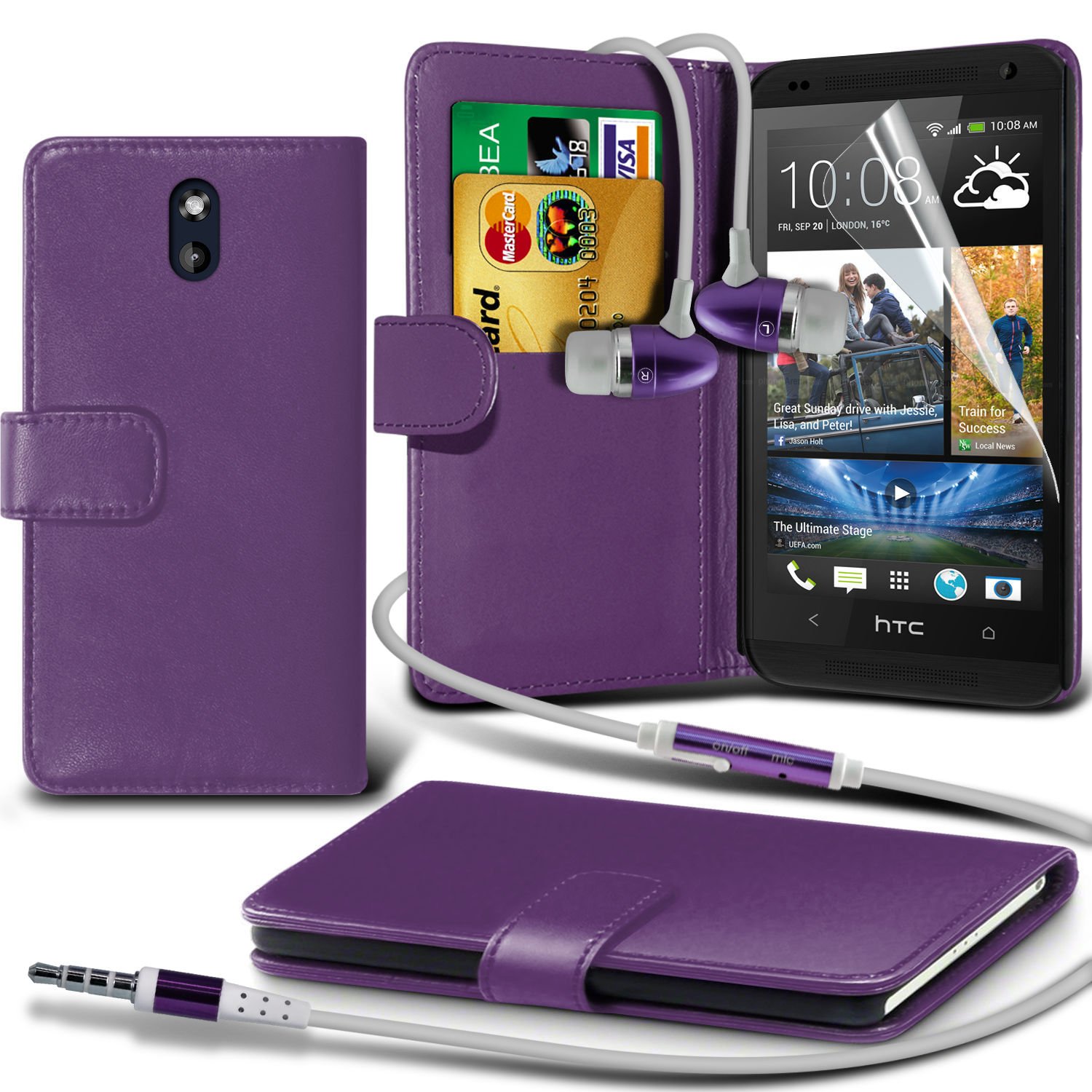 Fone-Case ( Purple ) HTC Desire 610 Faux Stylish PU Leather Wallet Credit / Debit Card Flip Case Skin Cover With Screen Protector Guard & Aluminium In Ear Earbud Stereo Hands Free Headphones Earphone Headset with Built in Microphone Mic & On-Off Button