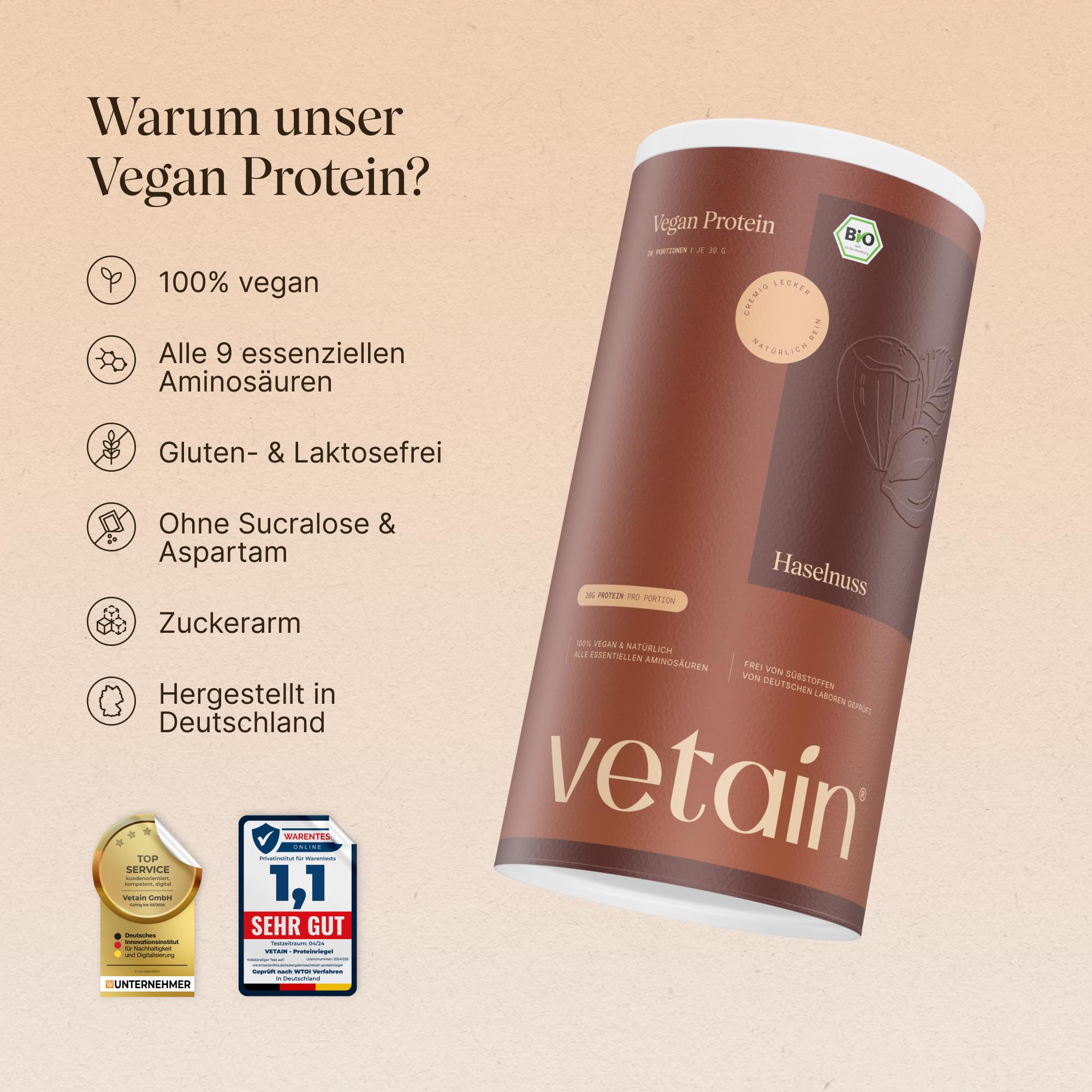 VETAIN Poudre de protéines végétaliennes en noisette – 20 g de protéines, 100 % bio et fermentée | Poudre de protéines en 4 composants - 67 % de protéines - Sans édulcorants artificiels - Profil d'acide aminé complet - 540 g