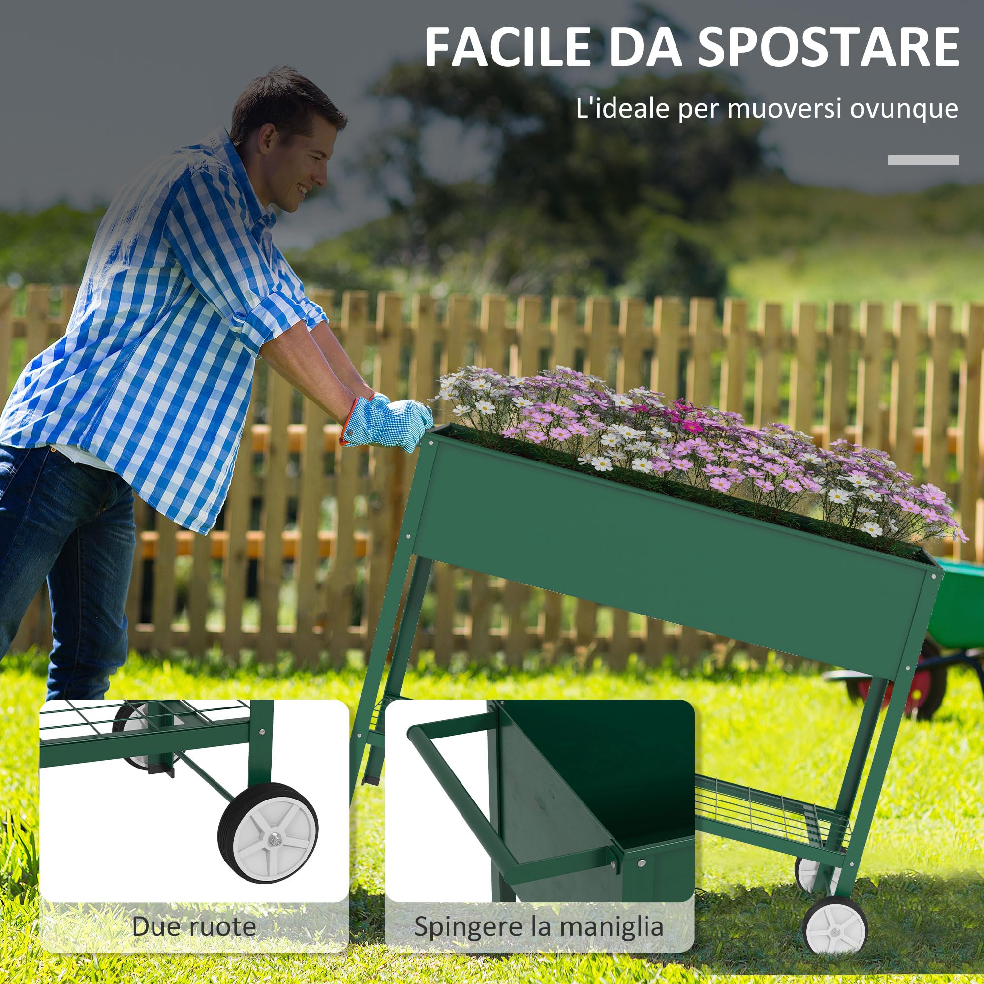 Outsunny Fioriera da Esterno con Mensola Inferiore Portautensili, Letto Rialzato da Giardino in Metallo con 2 Ruote e Maniglia, Letto per Orto, 104x39x80 cm, Verde