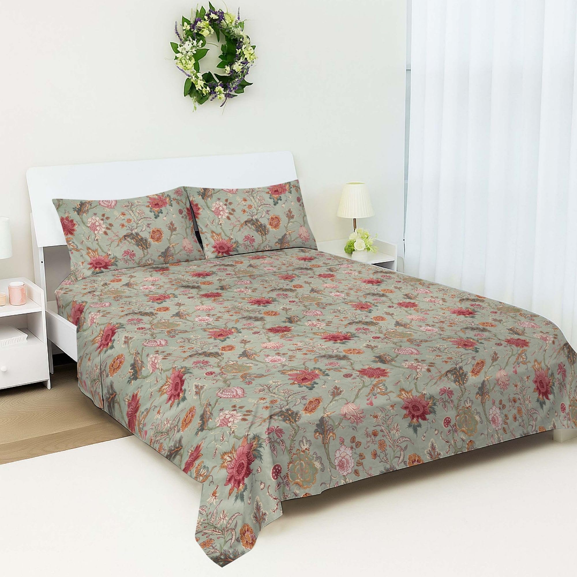 100% Egyptian Cotton Flat Sheet Single | 400 Thread Count Cooling Floral Top Sheet | Hotel Quality Soft Bedding | Breathable Luxury Bed Linen | Machine Washable - 178 x 254 cm
