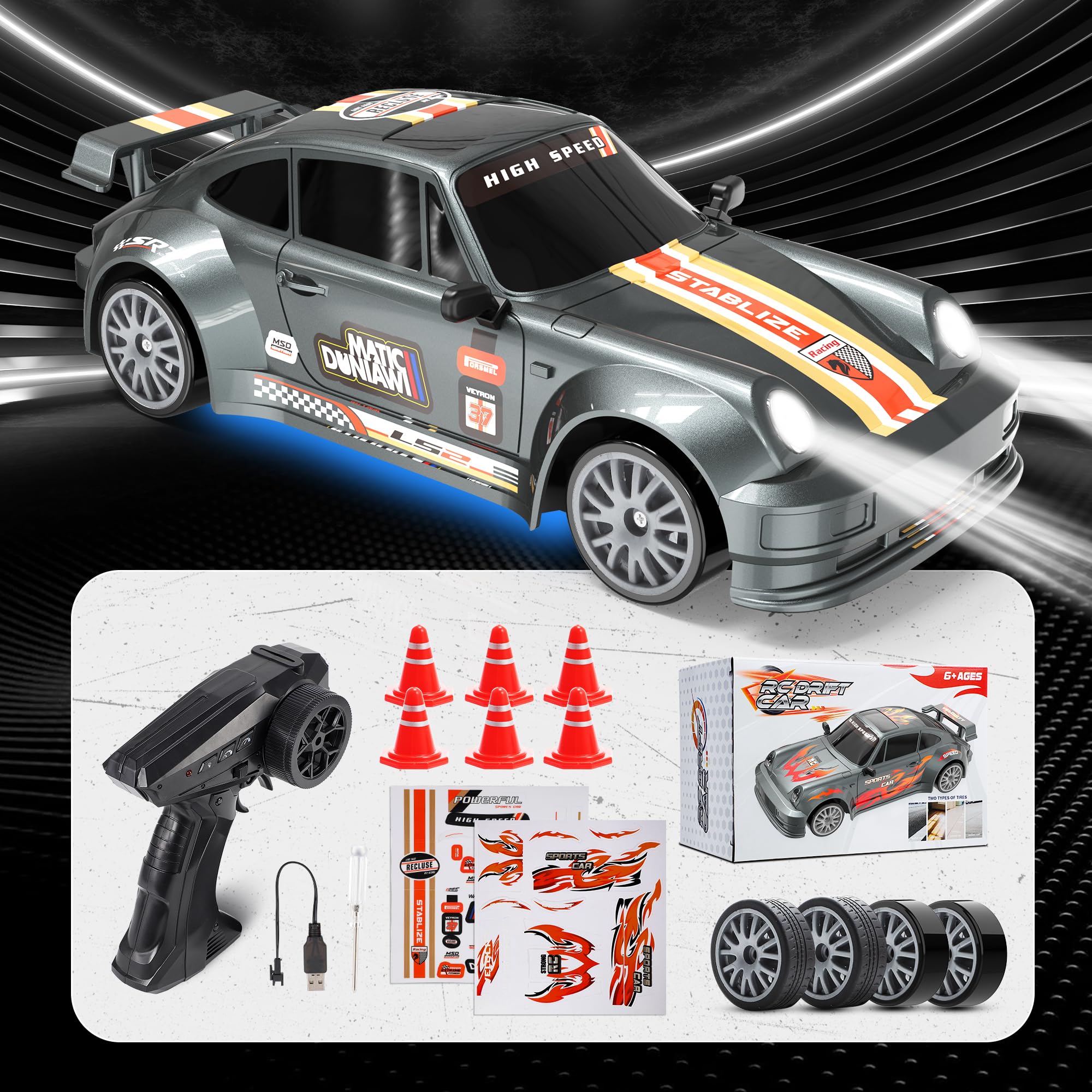 HappyGoLucky Coche RC Drift Car, Coche Teledirigido Drift con Luces LED, 2.4 GHz, 10-15KM/H, 4WD 1:24 Mini Drift Car Juguetes Niños 3-12 Años para Adultos - Regalo Navidad Niño