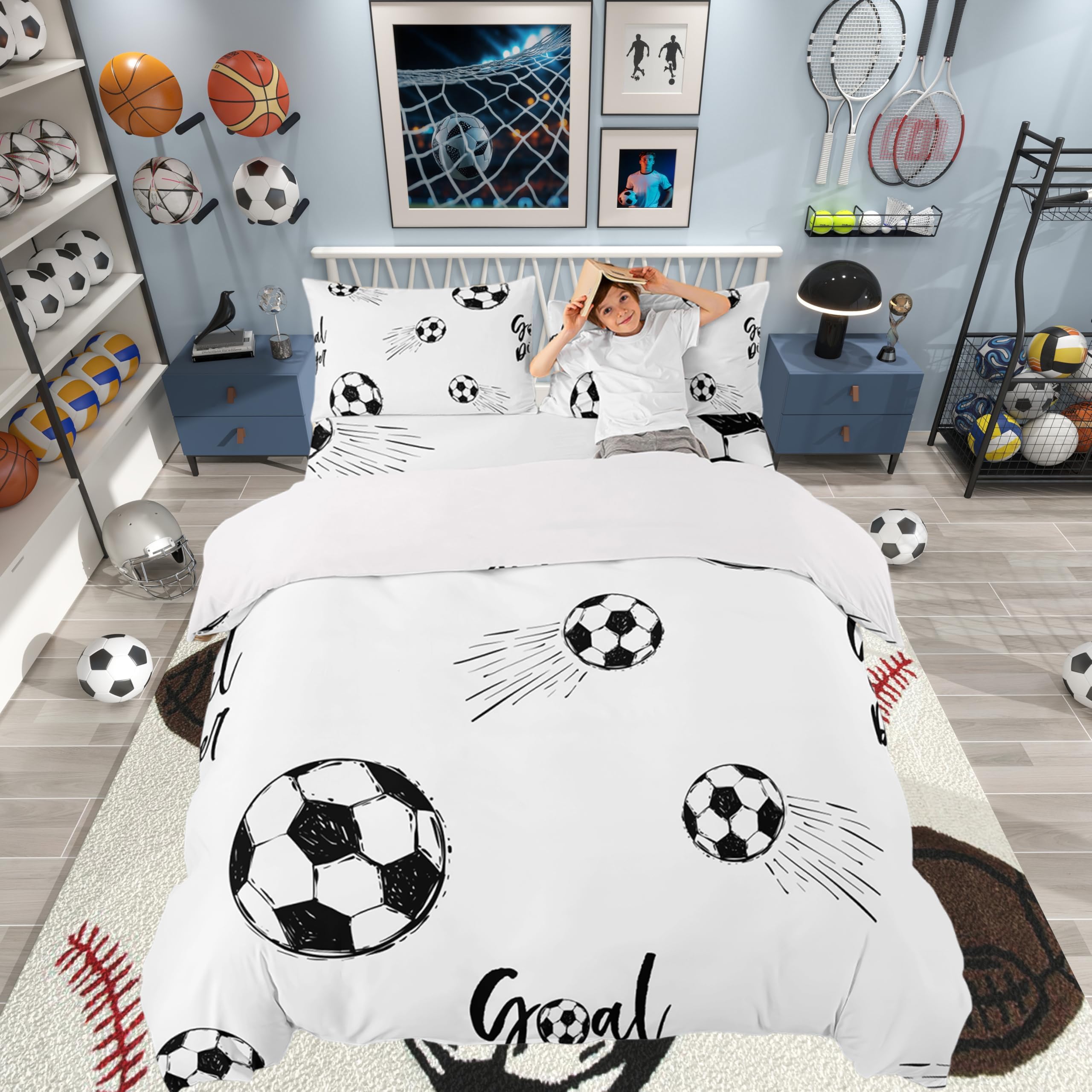 Loussiesd Boys Football Duvet Cover Sports Theme Comforter Cover Kids Soccer Ball Pattern Bedding Set For Children Men Black White Ultra Soft Room Decor Junior/Cot Bed Size Bedclothes Zipper