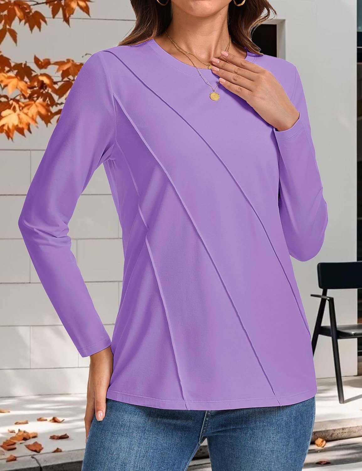 YUCOLEN Long Sleeve Shirts for Women Pleated Crew Neck Cotton T Shirts Solid Color Soft Casual Basic Tees Fall Trendy Tops - Image 4