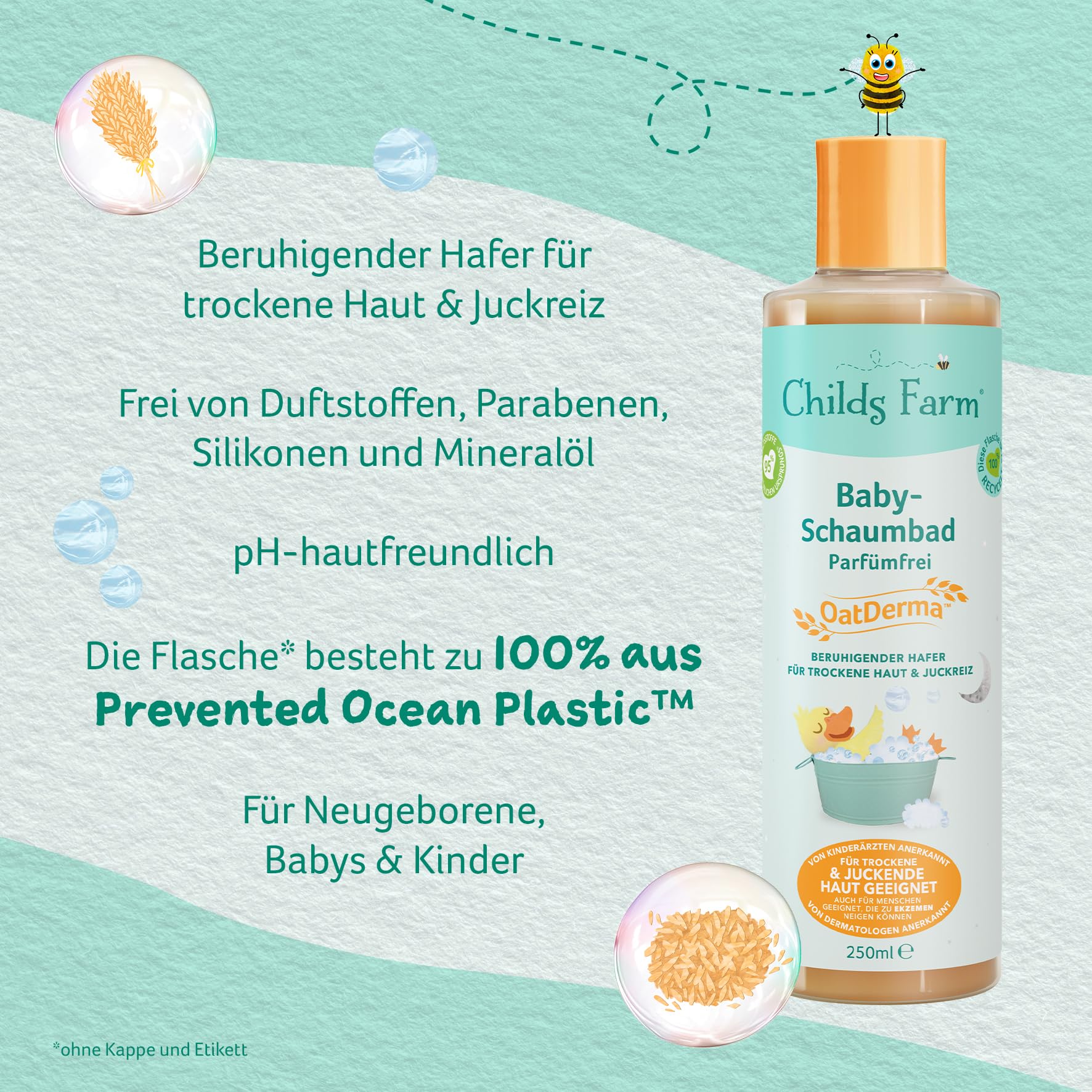 Childs Farm Oatderma pianka do kąpieli dla niemowląt, 250 ml, bez perfum, kojąca kąpiel piankowa, do wrażliwej lub skłonnej do egzemy skóry niemowląt i dzieci. Również dla noworodków.