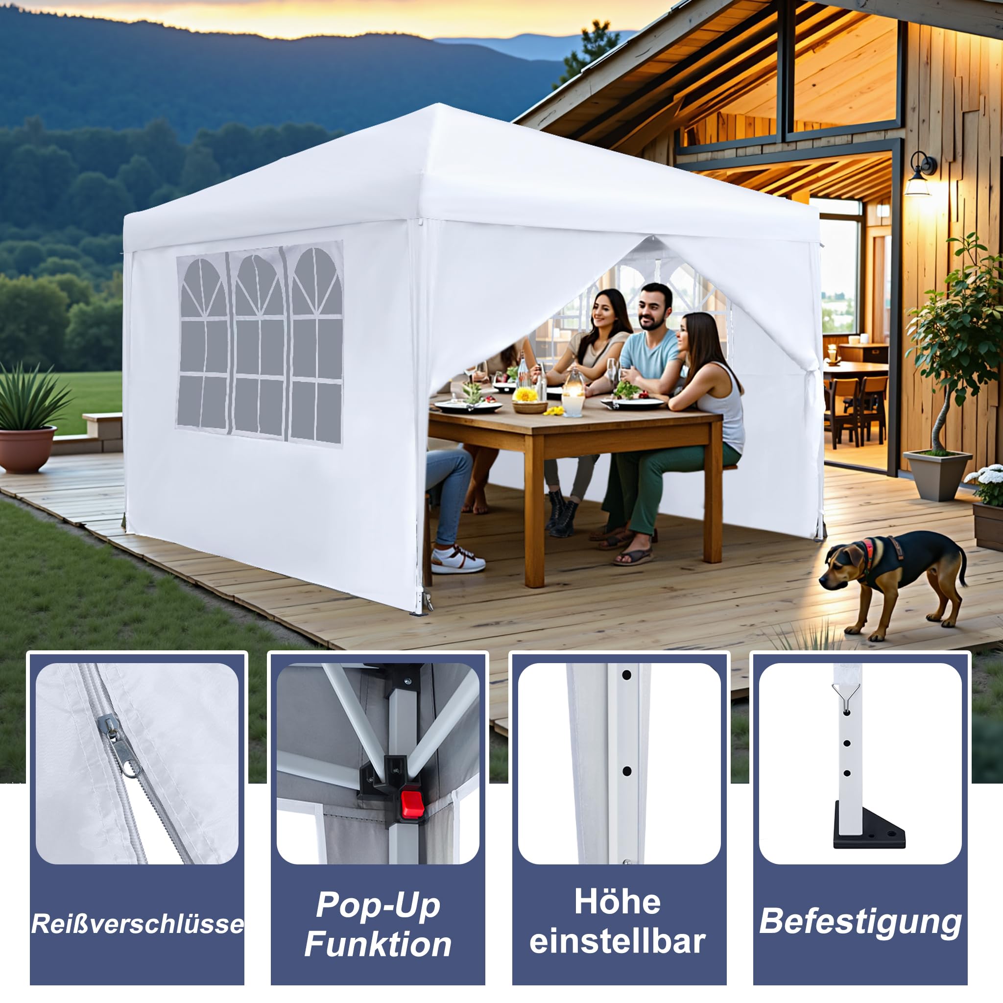 Aufun Gazebo pieghevole, 2,5 x 2,5 m, impermeabile, pieghevole, con 4 pannelli laterali, protezione UV per feste, matrimoni e picnic, colore: bianco