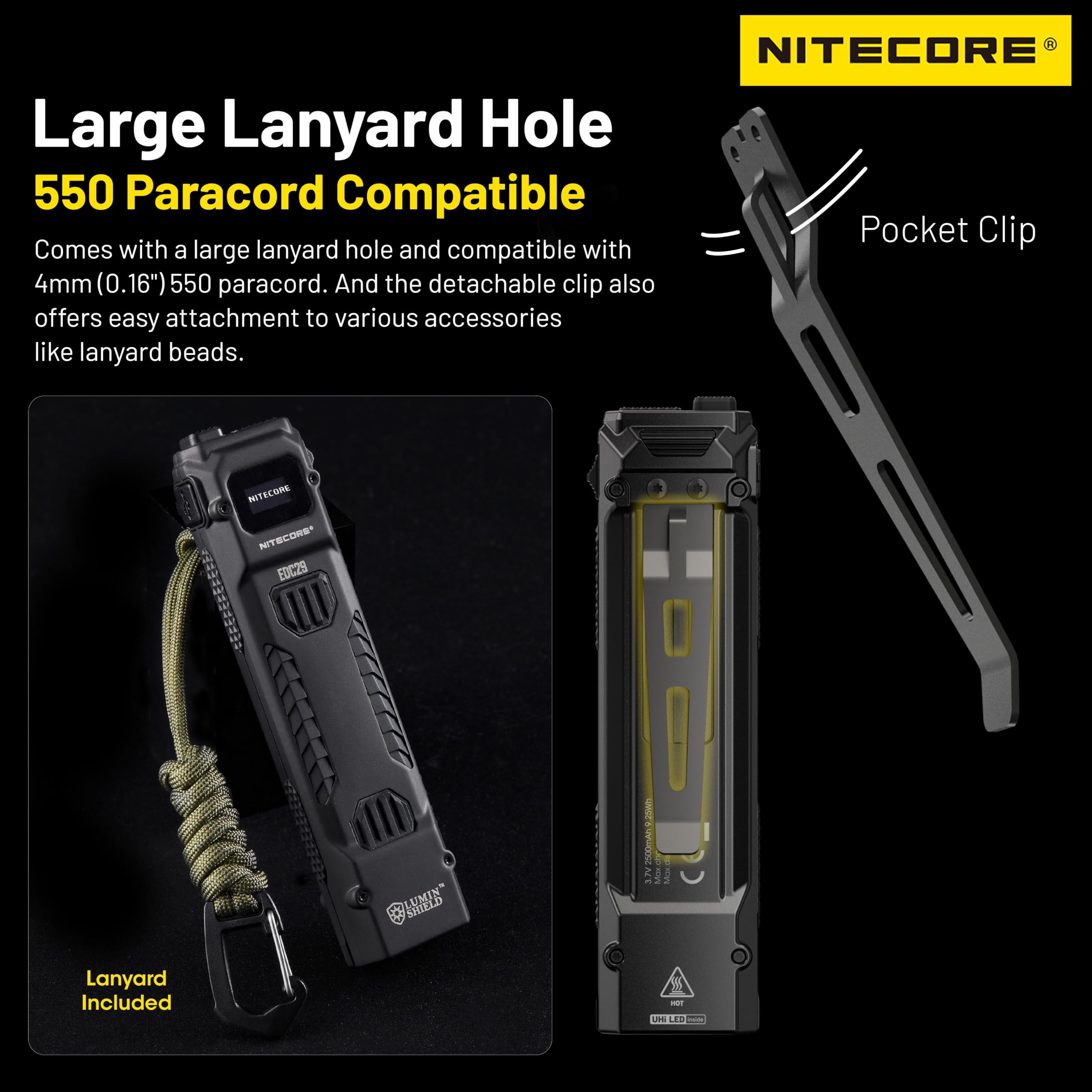 Nitecore EDC29 Lampe torche EDC ultra fine haute performance 6500 lumens avec porte-clés rétractable, Noir
