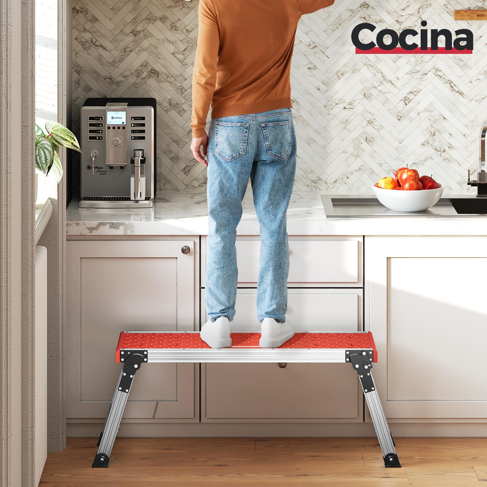 KINGRACK Plataforma de Trabajo Plegable de Aluminio, Escalón Taburete con Bloqueo de Seguridad y Pies Antideslizantes, Escalera de Mano para Hogar, Garaje y Taller, Soportar 150KG, Avance