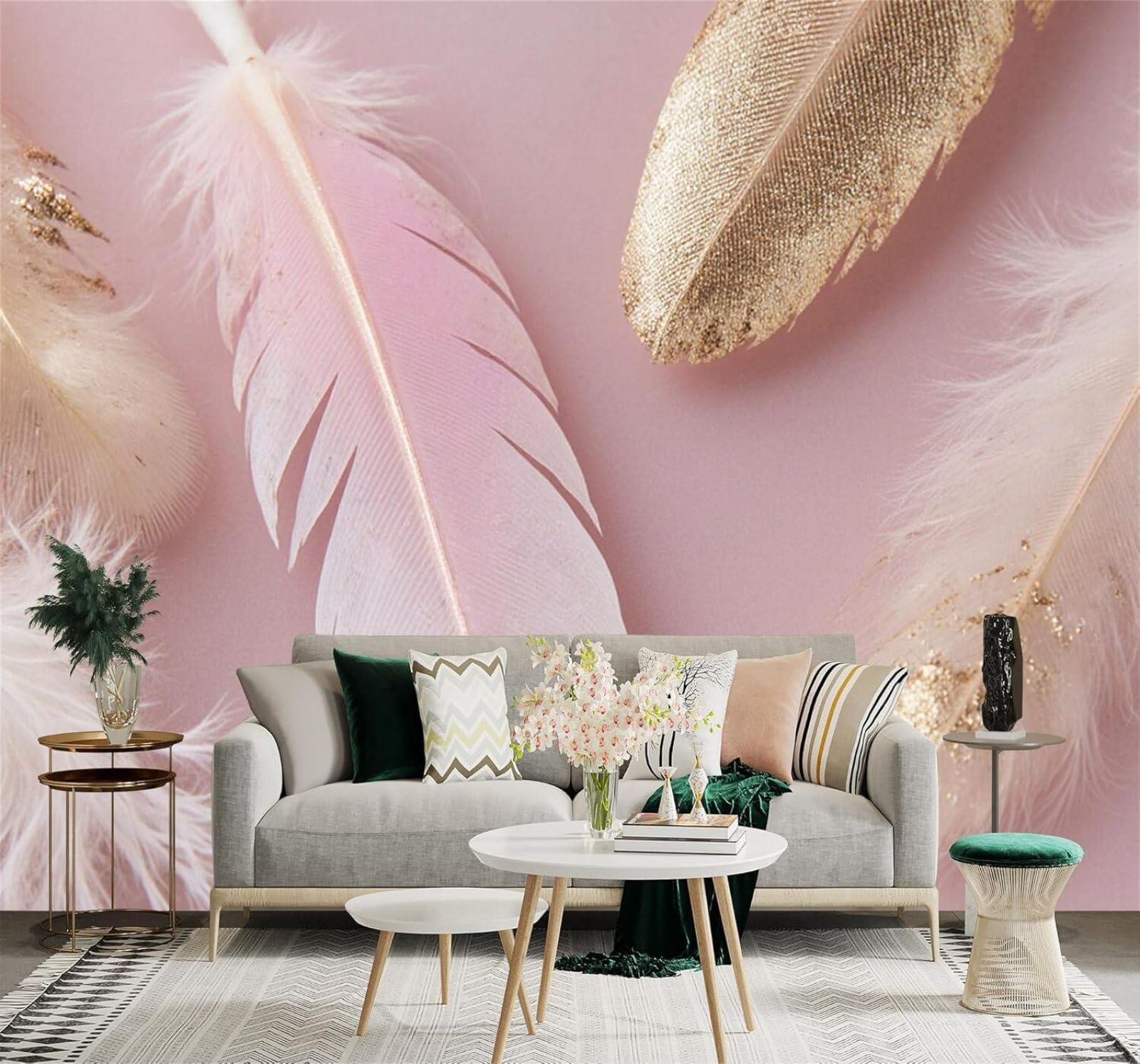 XLMING Pink Gold Feathers Pattern Soft Pink Background 3D Wallpaper Premium Textured Silk Study Dining Living Room Bedroom Sofa TV Wall Easy Install-400cm×280cm