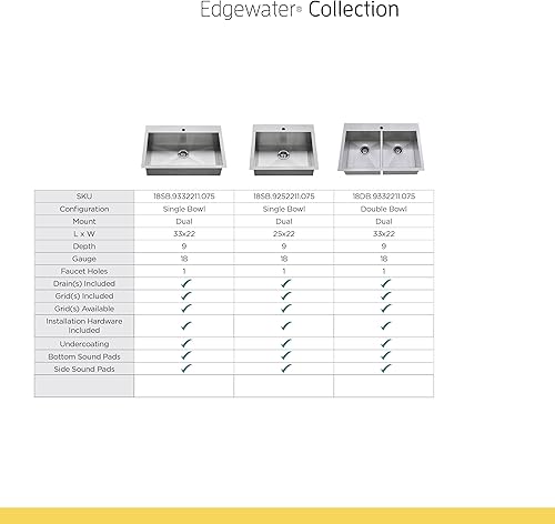 Miniatura 7 de American Standard 18SB.9252211.075 Edgewater Zero Radius - Cuenco individual de 25 x 22 pulgadas con rejilla y drenaje, acero inoxidable