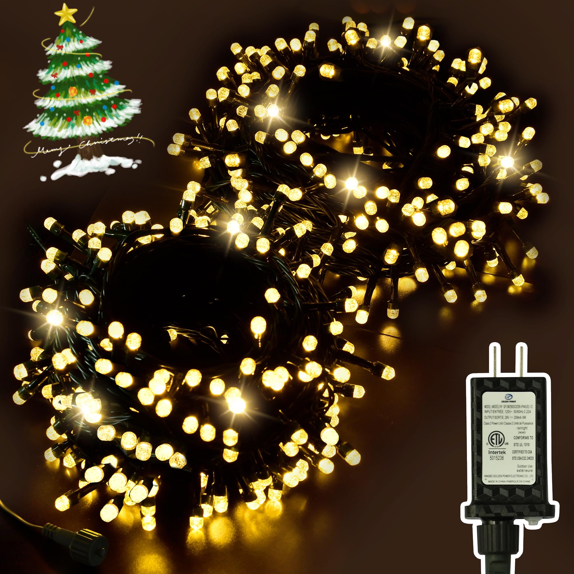 ULGUpgraded 2-Pack 186FT 500 LED Christmas String Lights, Extendable Waterproof Fairy Lights with Memory Function, 8 Modes, Bubble Bulbs, Warm White, Adapter Included for All Decor