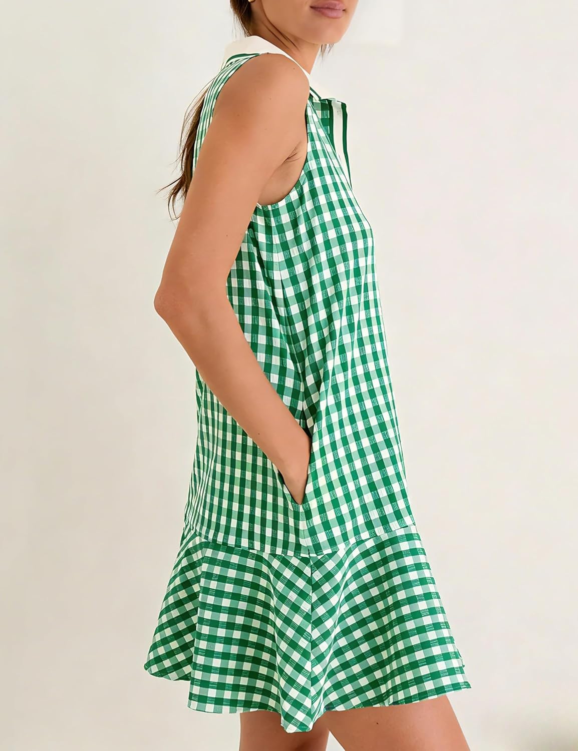 Womens Gingham Polo Dress V Neck Sleeveless Ruffled Hem Mini Dresses Plaid Button Front Tennis Dress