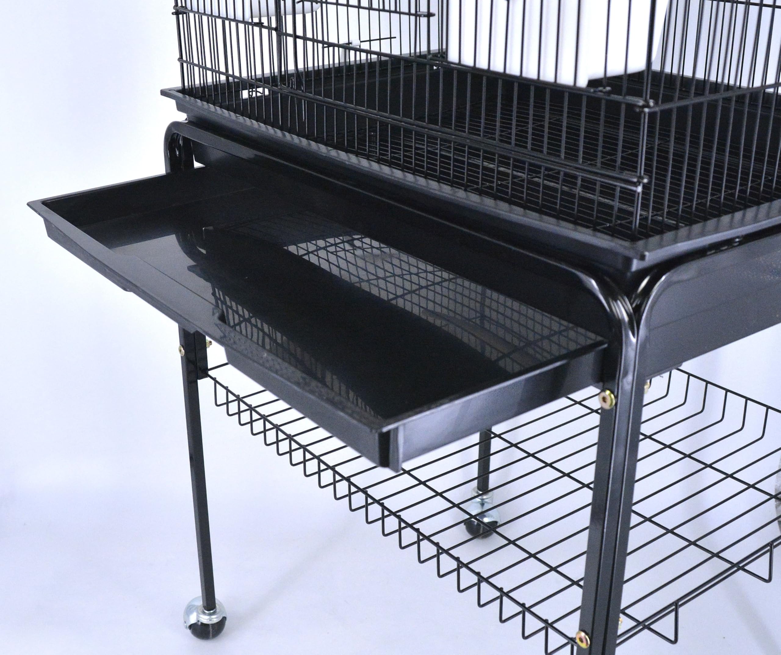 Pet's Solution - Gabbia Uccelli Spaziosa Nera con Tetto Apribile, Beverino, Specchio con Posatoio, Trespoli in Legno, 4 Mangiatoie e Carrello con Ruote