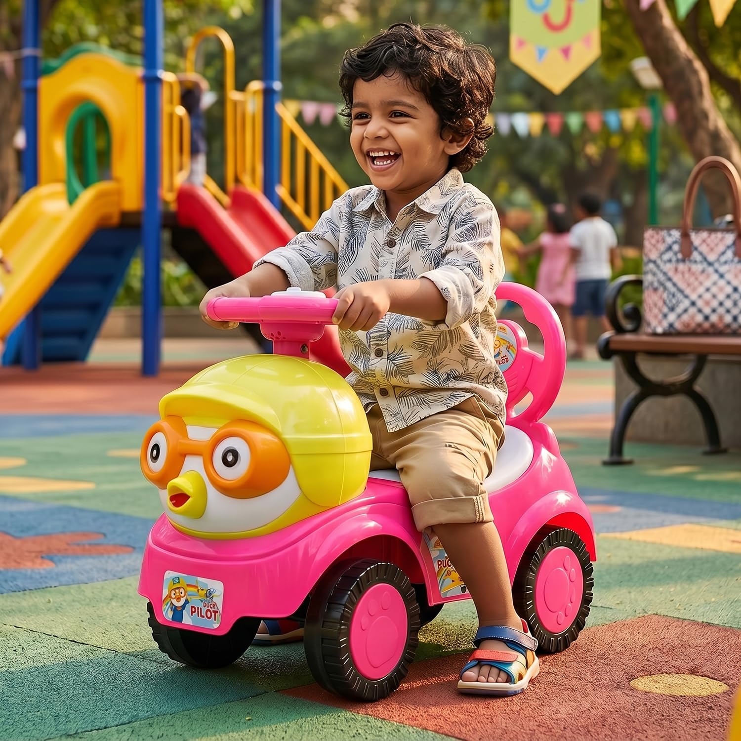 Toyzone Duck Pilot Baby Ride on Car for Kids, Toddlers Push Ride Baby Kids Car with Backrest, Push Ride on Toy with Music, Under Seat Storage, 2 to 5 Years (Dark Pink)-image-1