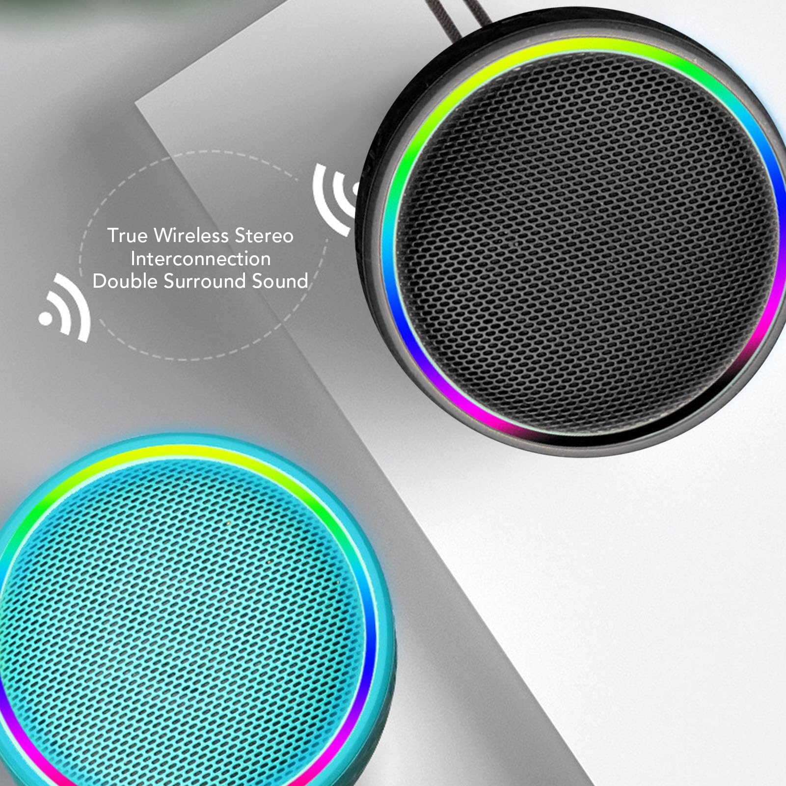 Bluetooth-Duschlautsprecher, Tragbarer, Kabelloser Stereo-Lautsprecher mit Saugnapf und Trageband, RGB-Beleuchtung, Wasserdicht nach IPX6 (Schwarz)
