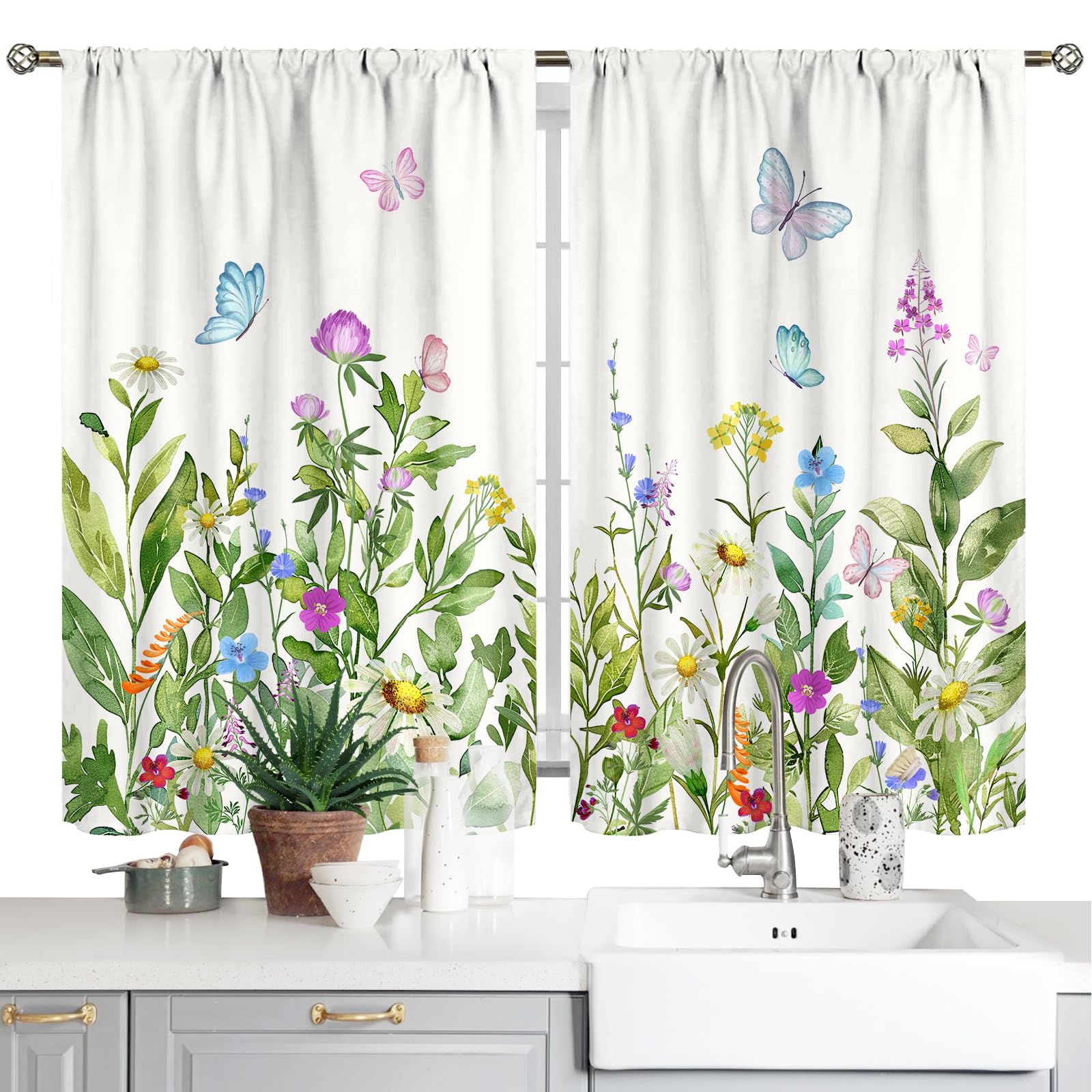 Floral Butterfly Kitchen Curtains Farmhouse Spring Colorful Flower Small Short Cafe Windows Curtains Watercolor Tier Curtain for Bathroom Window