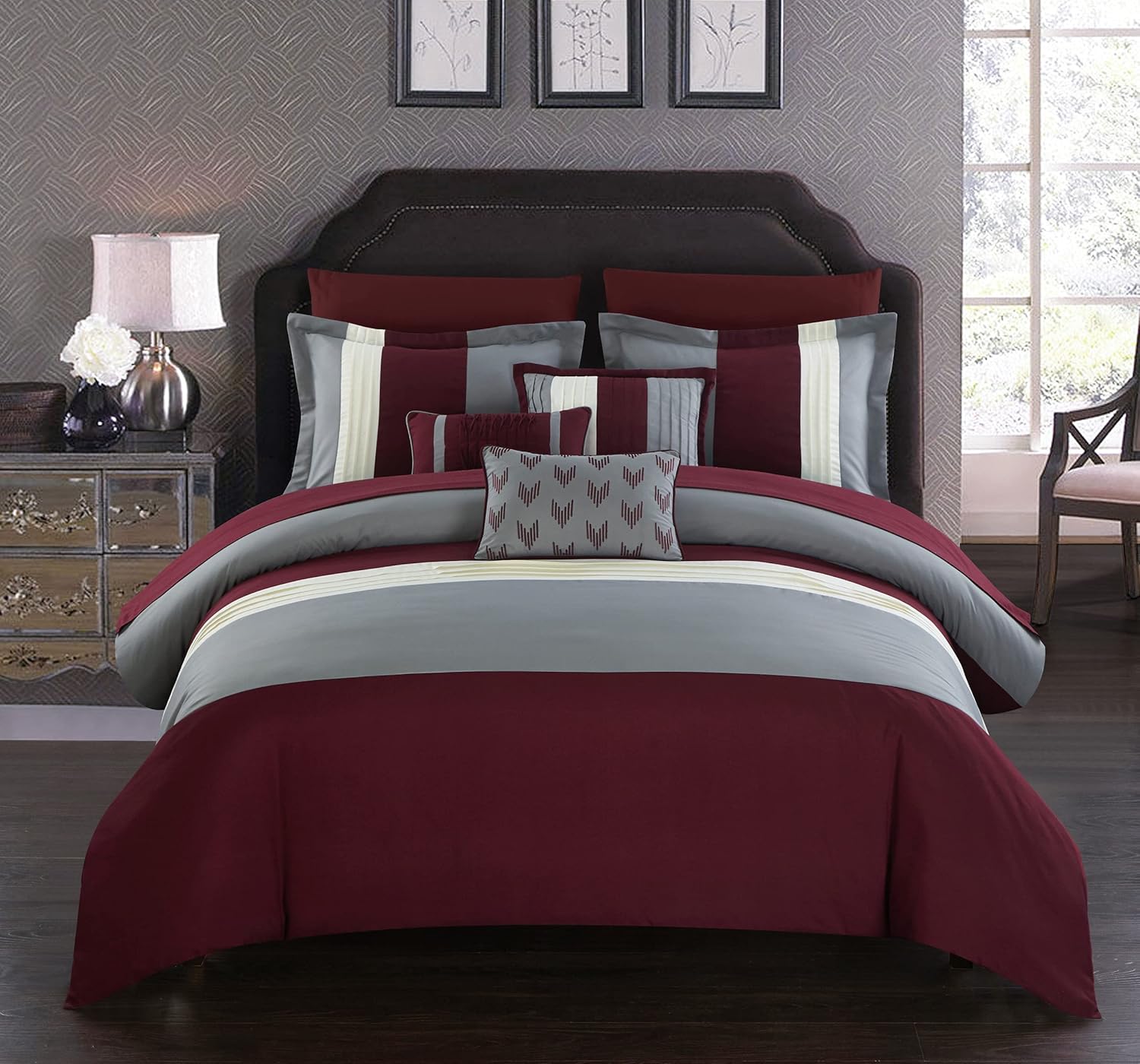 Chic Home Ayelet 10 Piece Comforter Set Color Block Ruffled Bag Bedding, Queen, Burgundy : Home & Kitchen