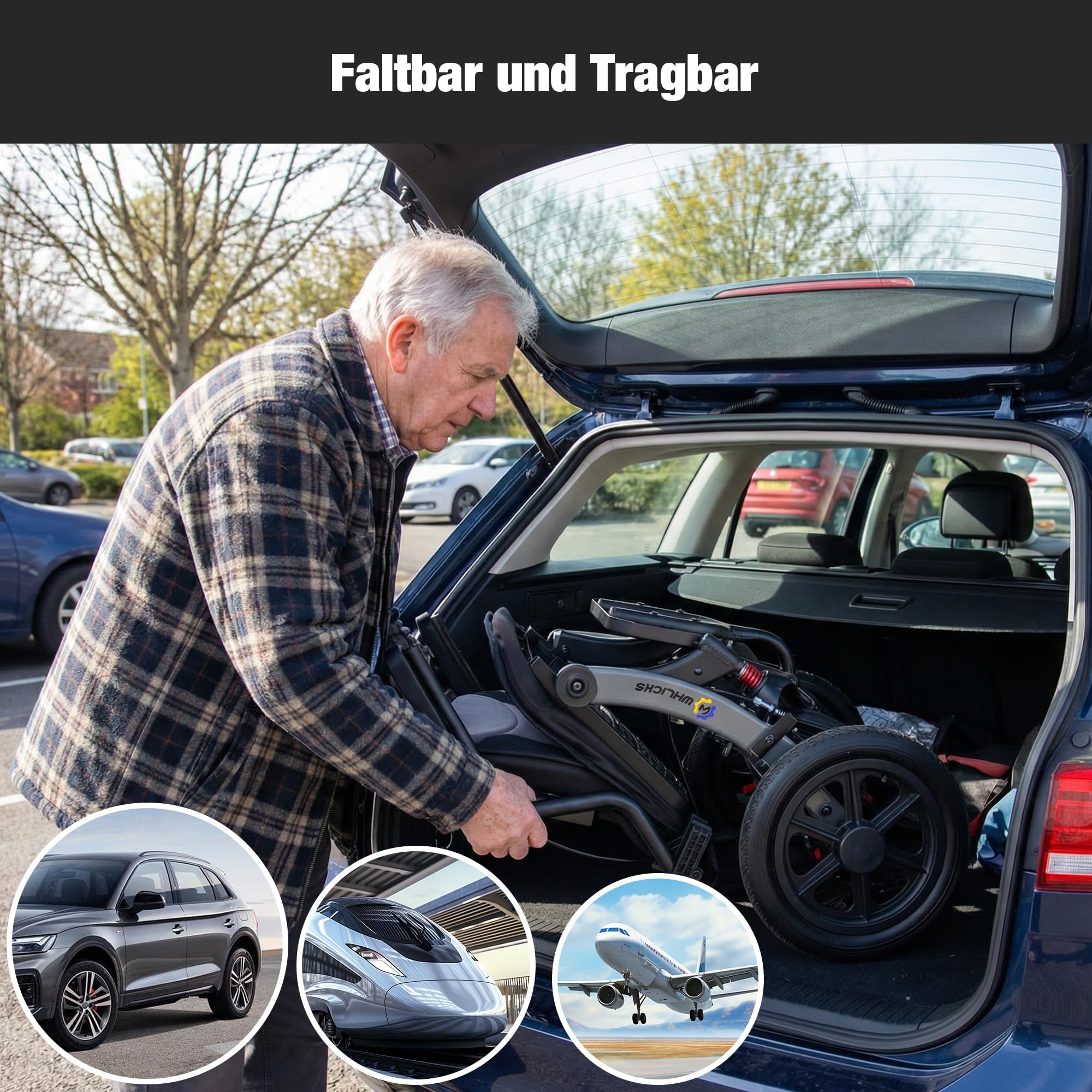 Rollstuhl Faltbar Leicht für Erwachsene und Senioren, Tragbarer Reisestuhl mit Abnehmbarem Polster und 12-Zoll-Rädern, Ergonomischer Rollstuhl, Höhenverstellbar, für Jedes Gelände Geeignet