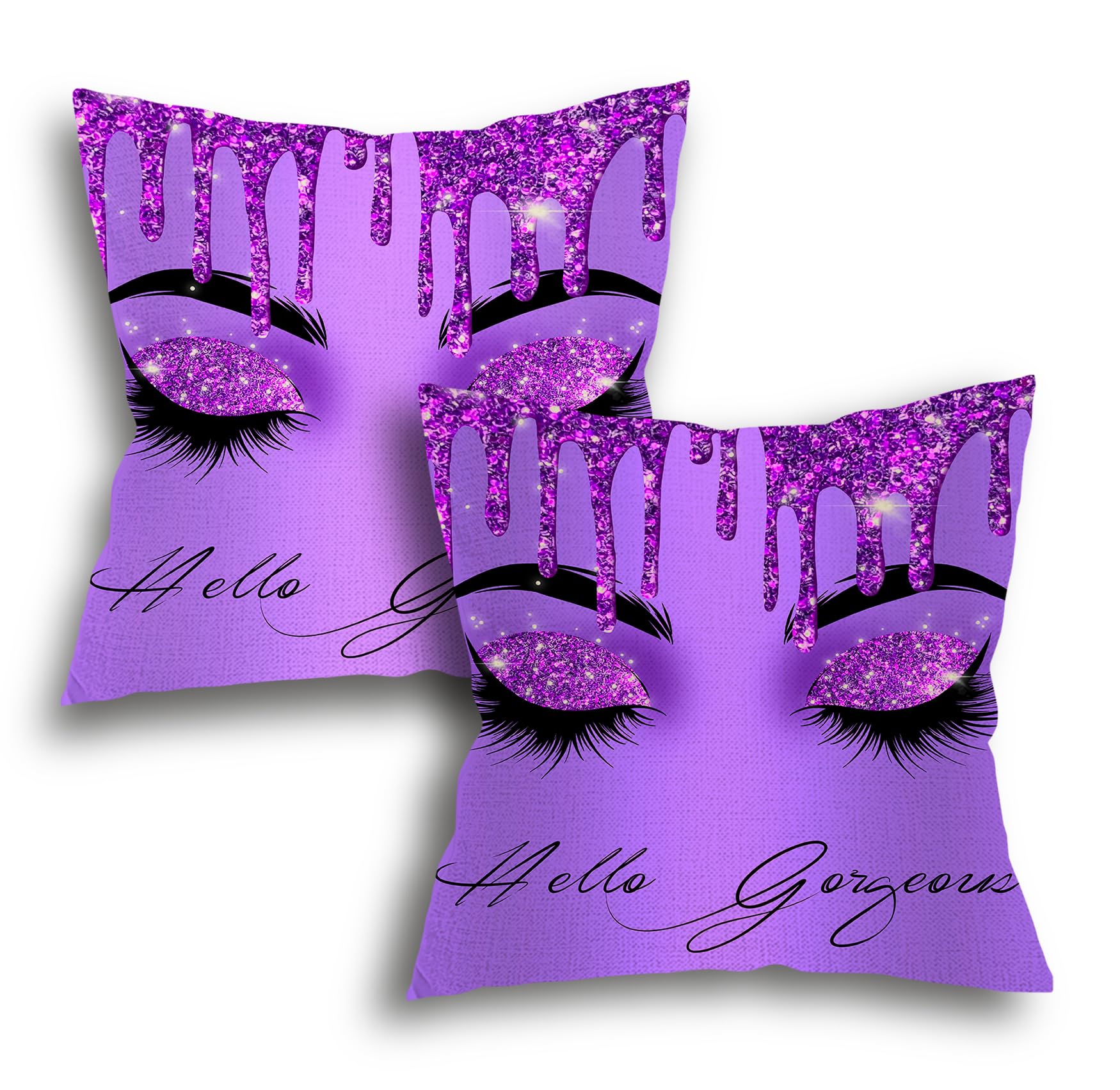 Bapcoku Hello Gorgeous Lashes Makeup Purple Decor Throw Pillow Covers Set of 2 Living Room Cushion Covers 18x18 Inch Farmhouse Home Couch Sofa Bed