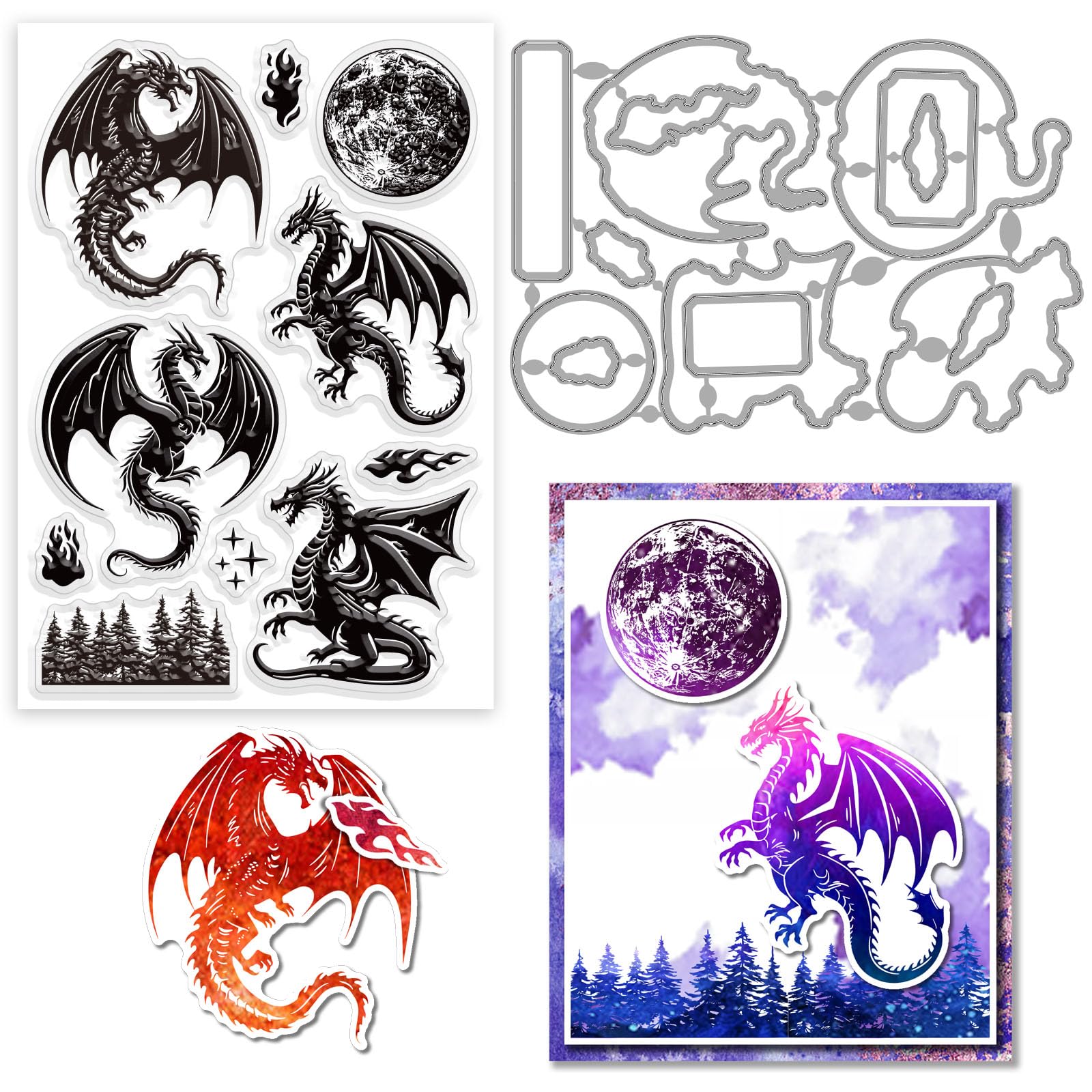 GLOBLELAND Dragon and Moon Clear Stamps and Cutting Dies Silicone Clear Stamps Cards and Metal Die Cuts for Card Making and DIY Embossing Scrapbooking