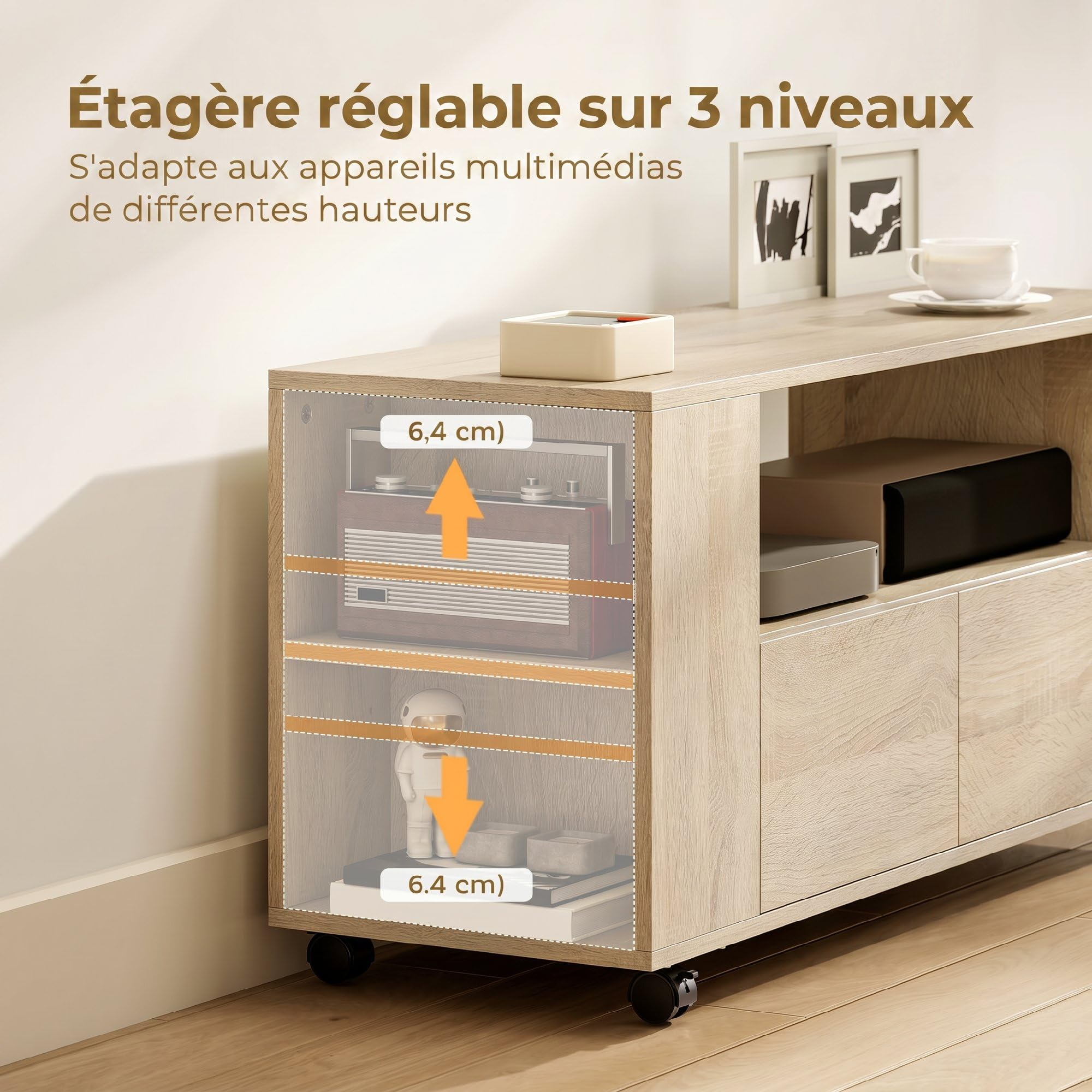 HOMCOM Meuble TV sur roulettes 102 cm, Meuble télé pour téléviseur jusqu'à 42 Pouces avec 2 tiroirs, Compartiments Ouverts et étagères réglables, Banc TV pour Salon, Chambre à Coucher, Bois Naturel