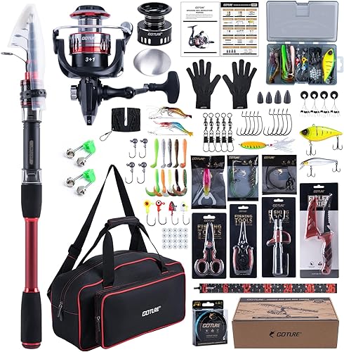 Goture Caña de pescar giratoria y carrete combos telescópicos de pesca+ carretes giratorios precargados con bolsa de transporte, kit para viajes de